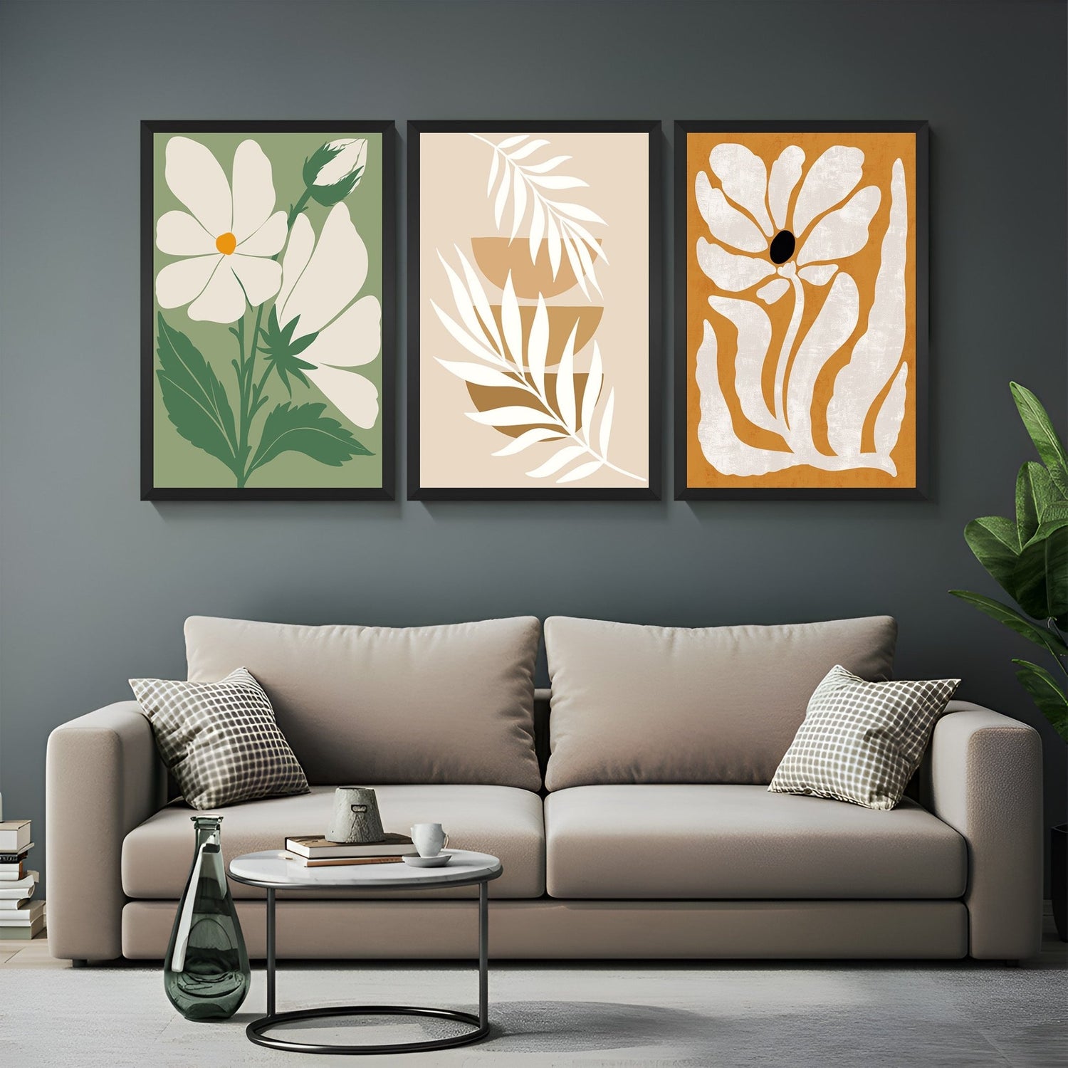 Set of 3 boho canvas prints featuring flower artwork and minimalist abstract design – ideal for warm, airy home decor