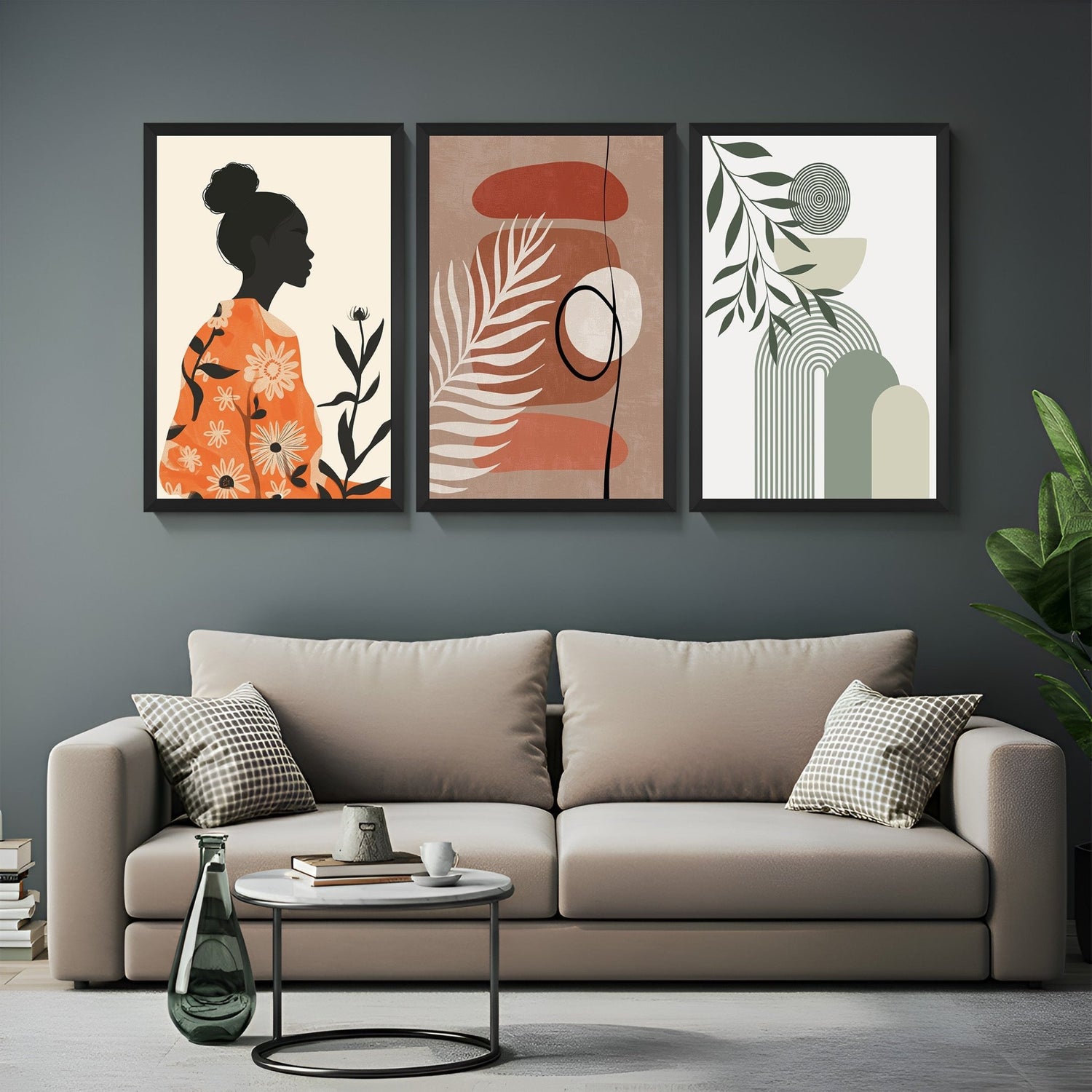 Boho canvas wall art set with Japanese girl illustration, earthy abstract, and green modern art – ideal for serene, modern wall styling
