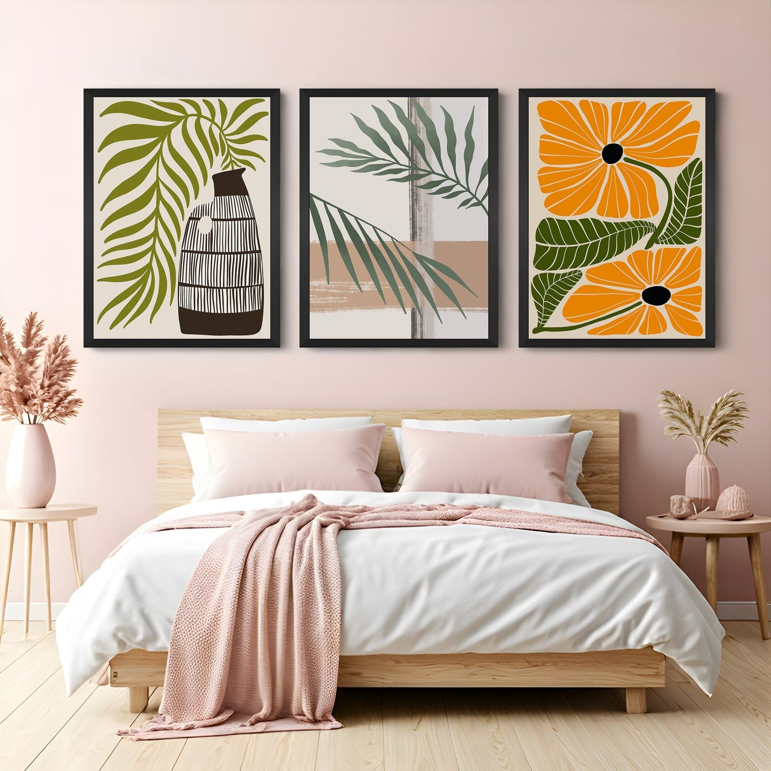 Boho wall art set with flower pot, botanical branch, and orange flowers – earthy, calming, and modern decor statement