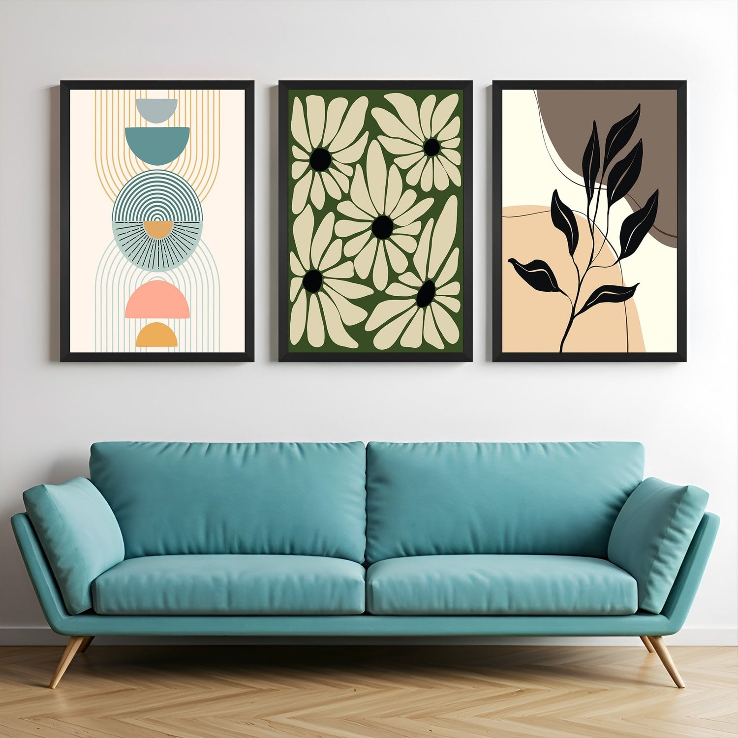 Boho wall art set of 3 featuring minimal abstract art, floral design, and colored curves with leaf accents – ideal for soft earthy interiors