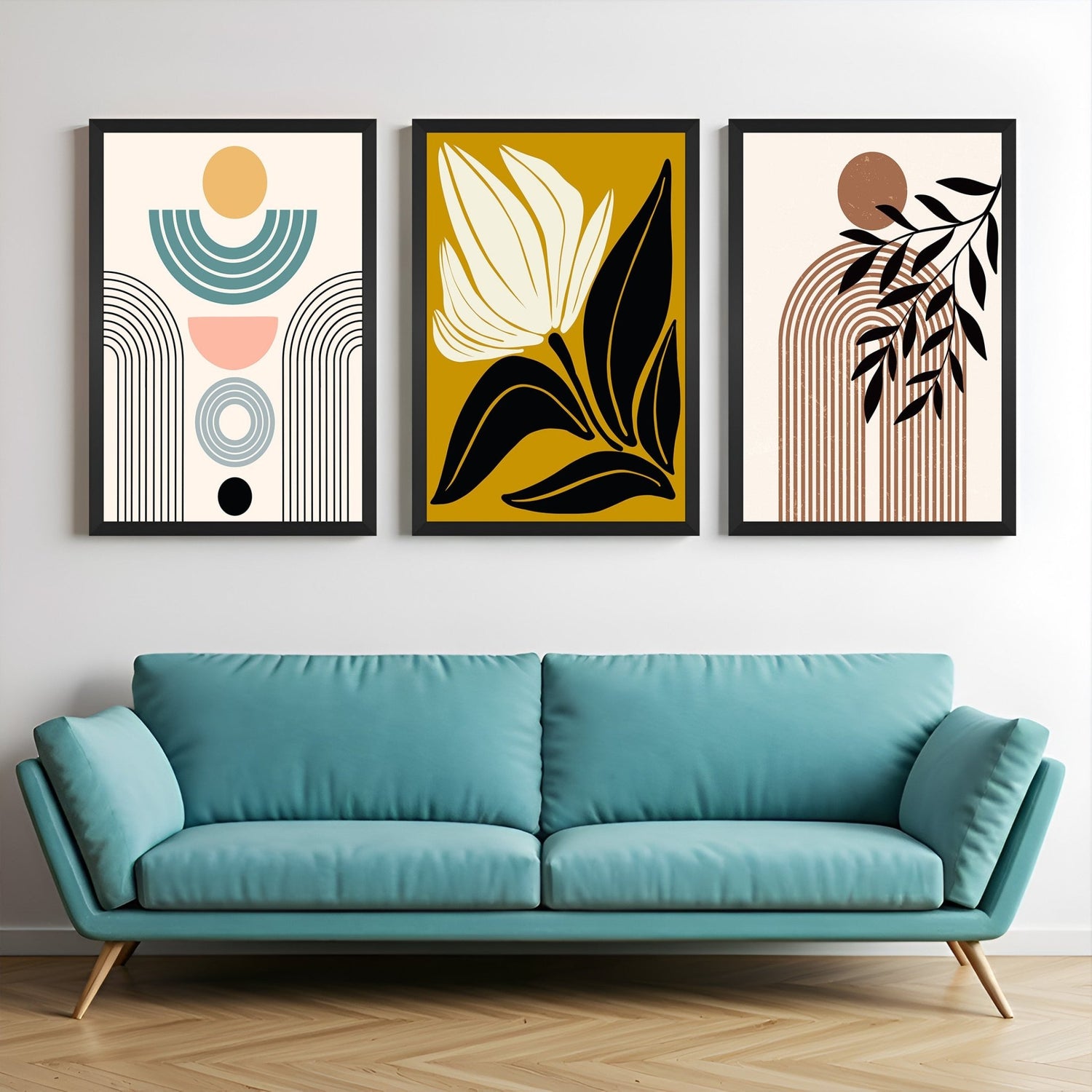 Set of 3 boho canvas prints featuring minimalistic art, floral print, and earthy leaf line design – perfect for warm nature-inspired decor