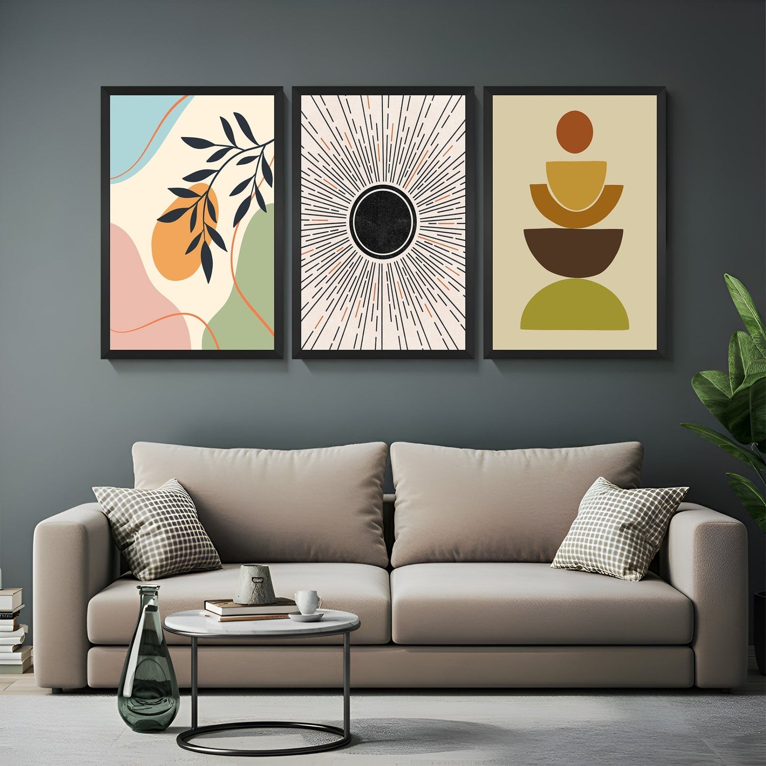 Bohemian canvas wall art set of 3 with floral pastel artwork, black sunburst, and abstract colored shapes – ideal for neutral and creative decor