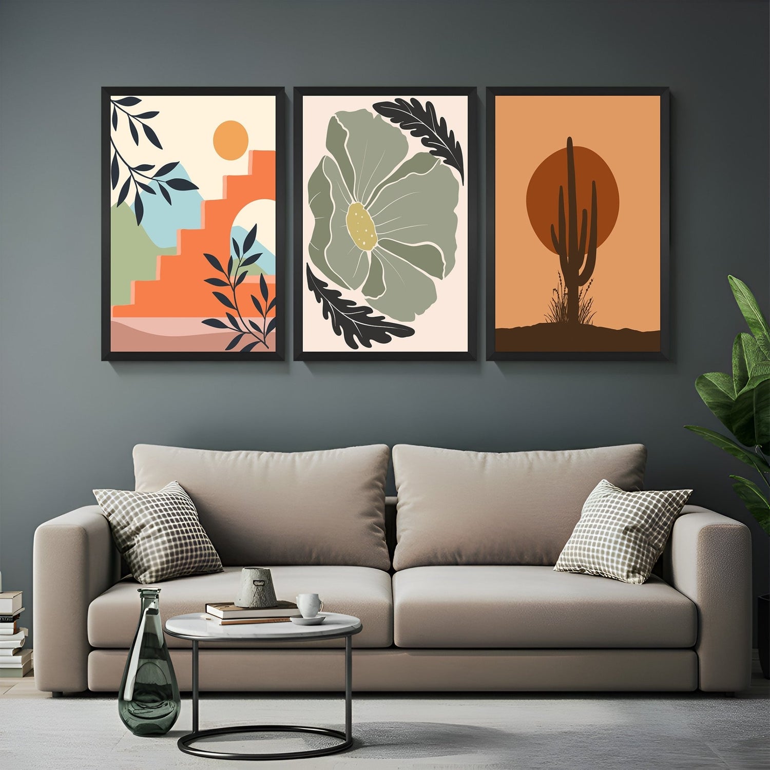 Boho canvas set of 3 showing abstract desert cactus scene, flower and leaves without stem, and sun-mountain-stairs minimalist design