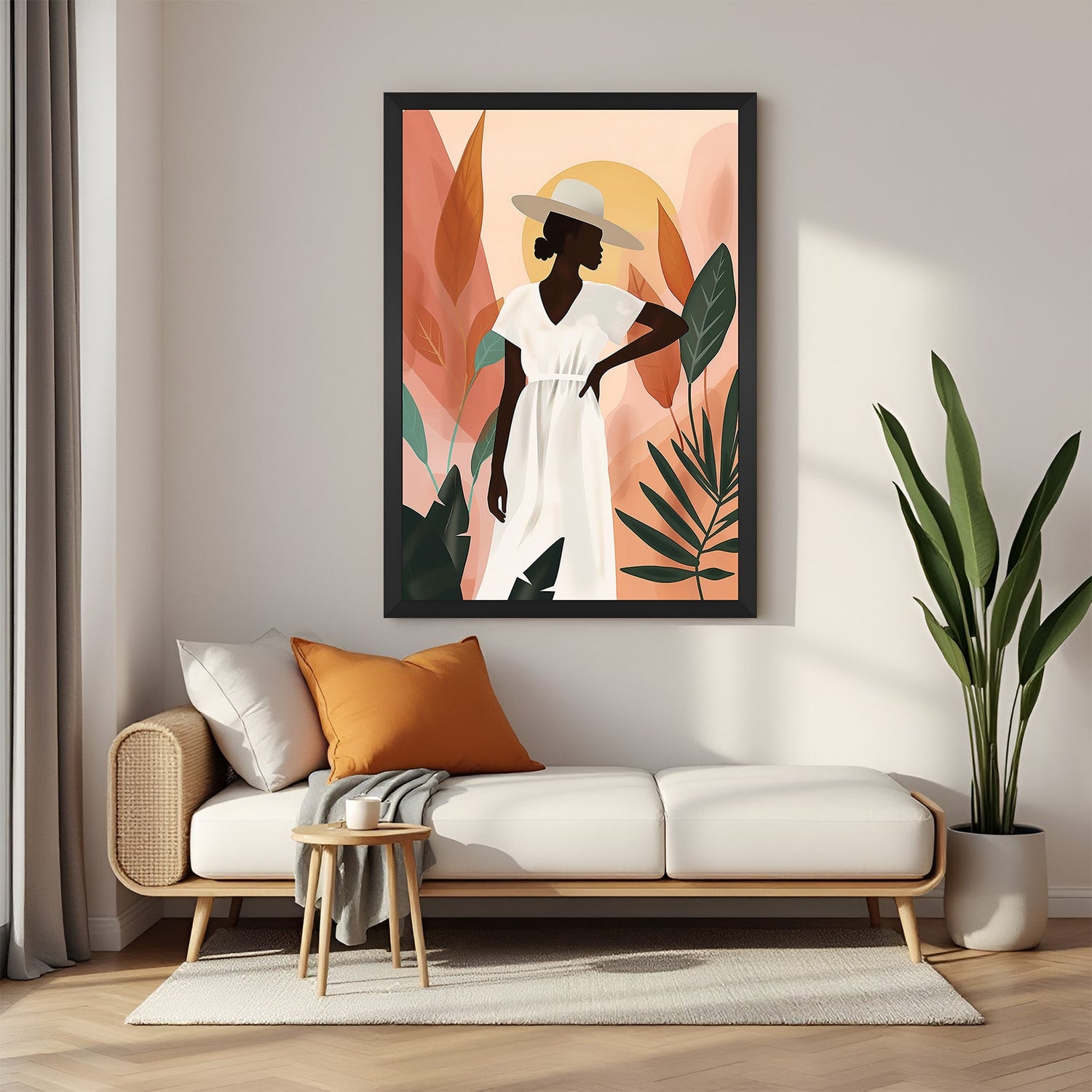 Framed canvas of African woman with tribal-boho fashion elements in a black floater frame, ideal for creative and soulful interiors