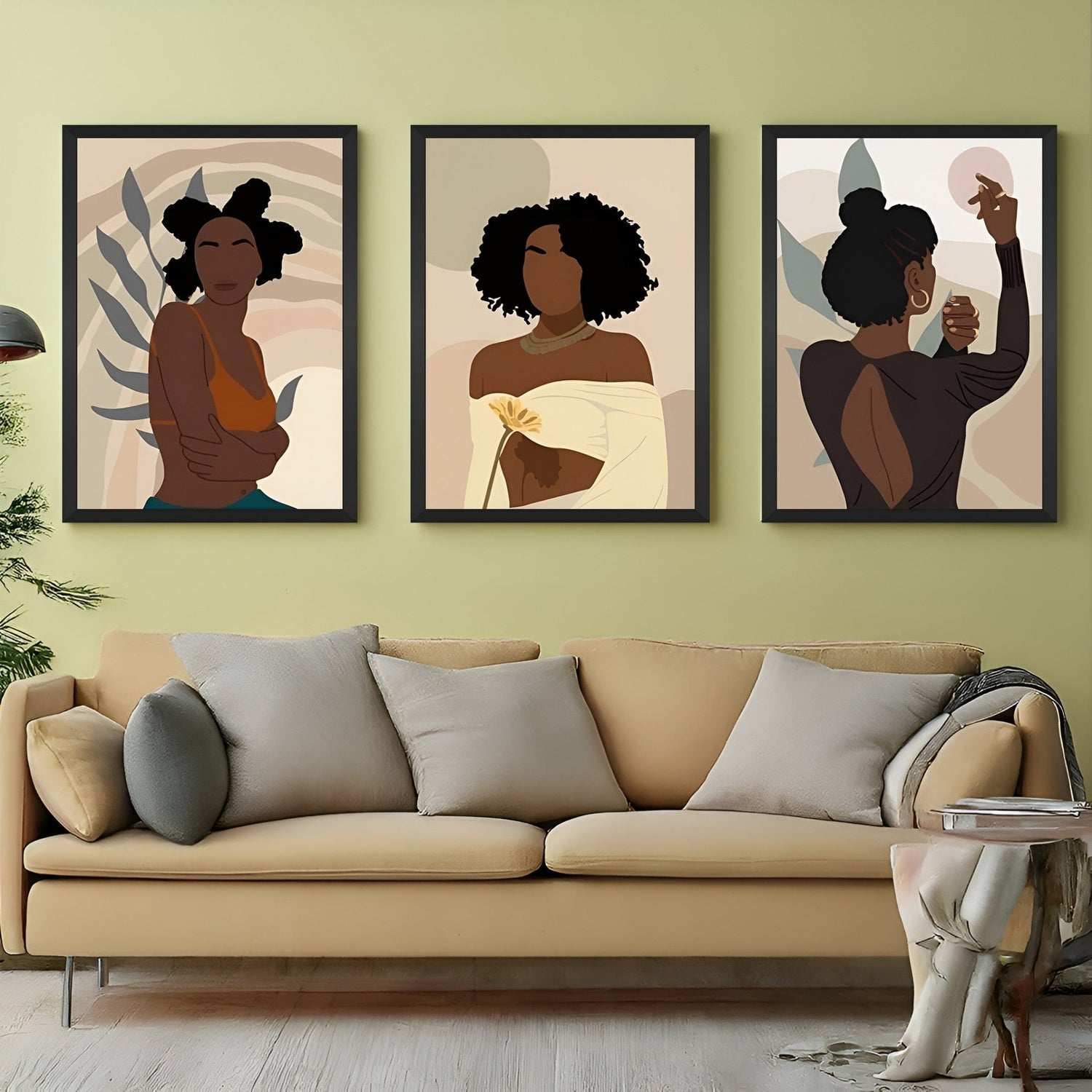 Bohemian canvas set of 3 featuring African women with headwraps and bold styling – ideal for earthy, cultural, and stylish wall decor