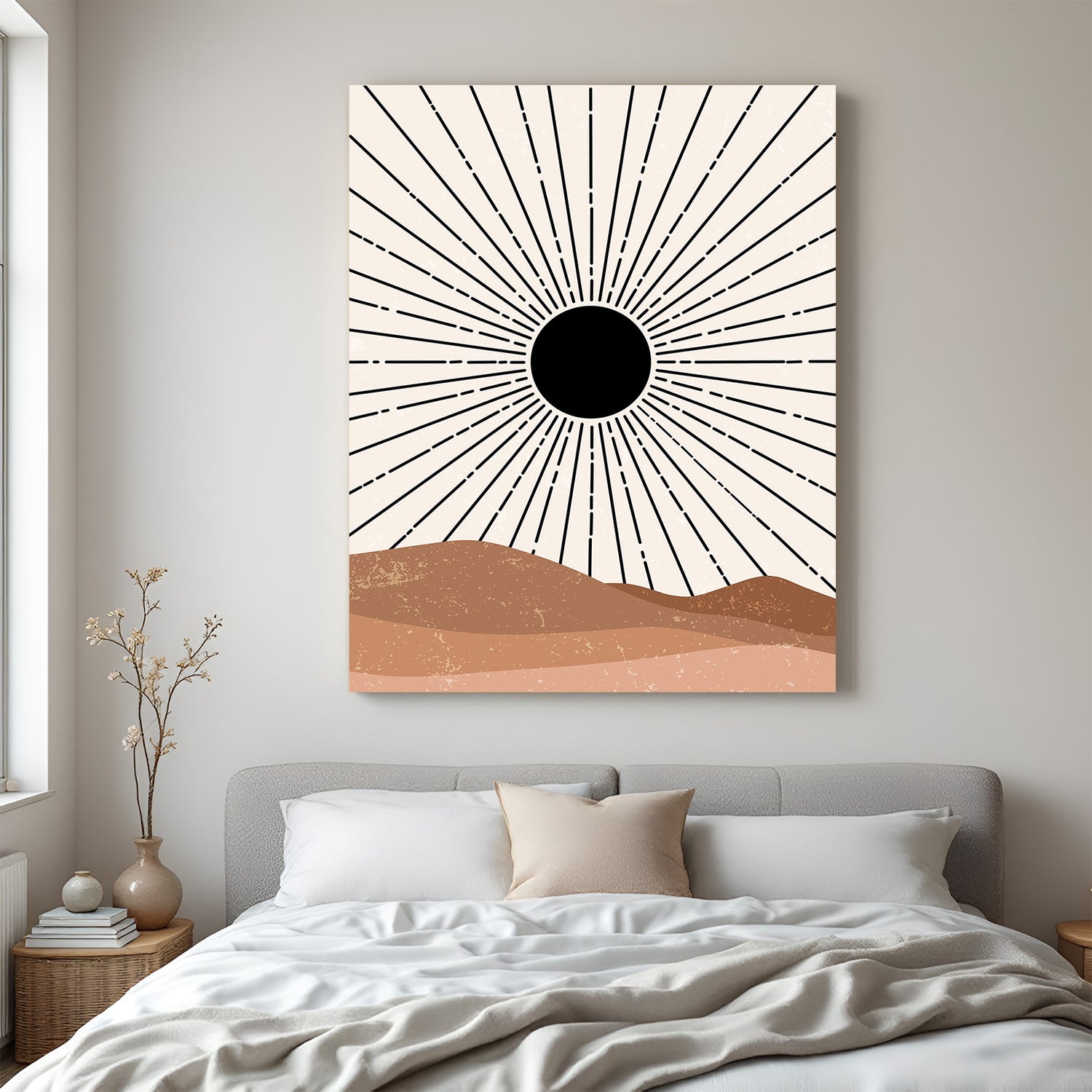 Boho minimal canvas with central black sun and radiating lines in a soft abstract desert scene