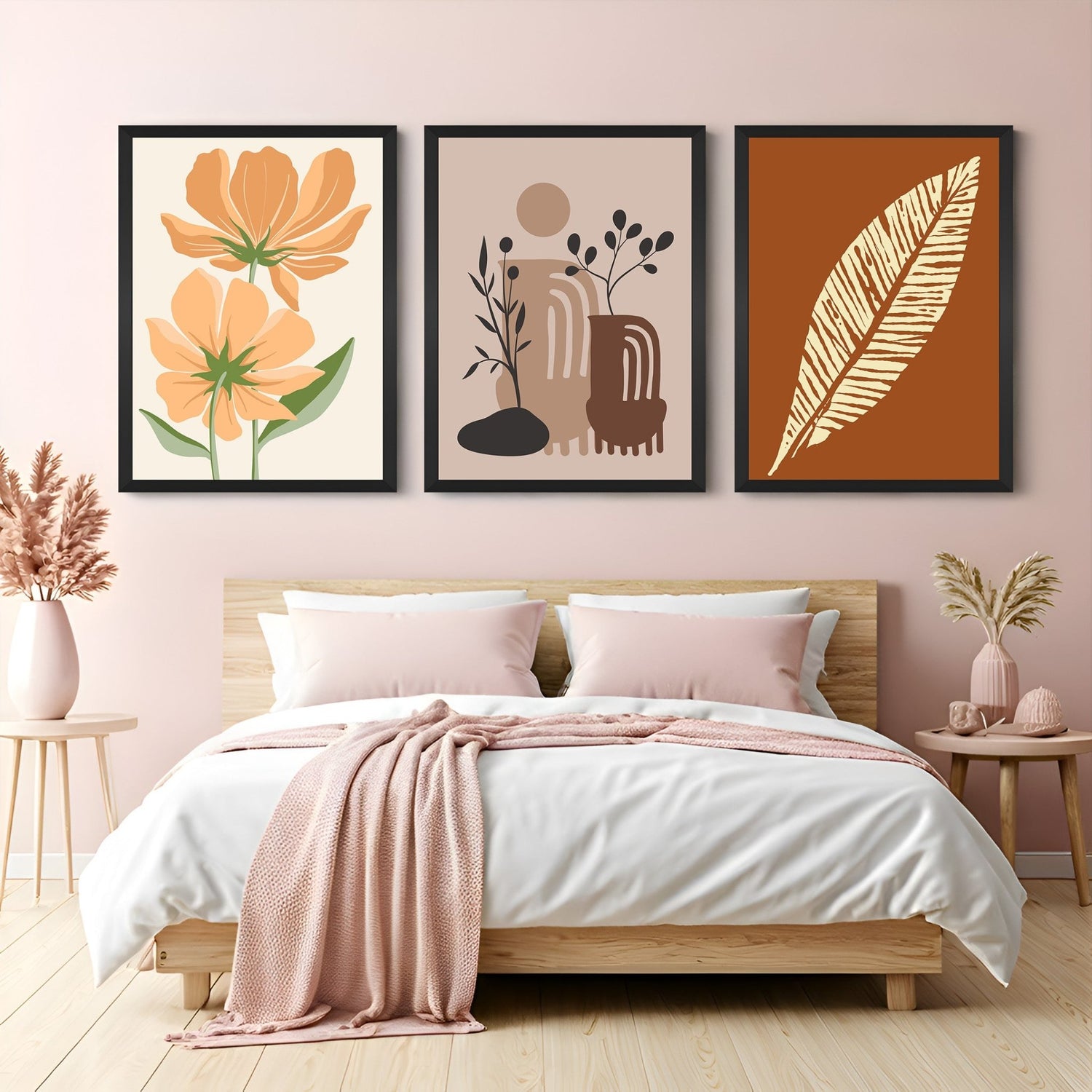 Set of 3 boho canvas prints with floral designs and leafy print, all in muted natural colors – ideal for warm minimalist home styling