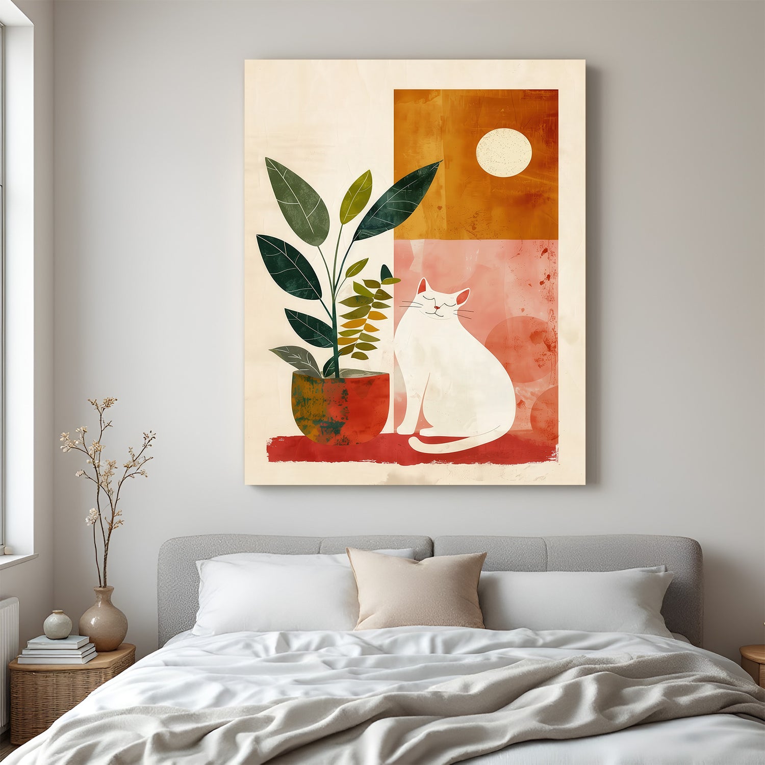 Minimal boho canvas wall art of a cat and plant – peaceful earthy toned home decor