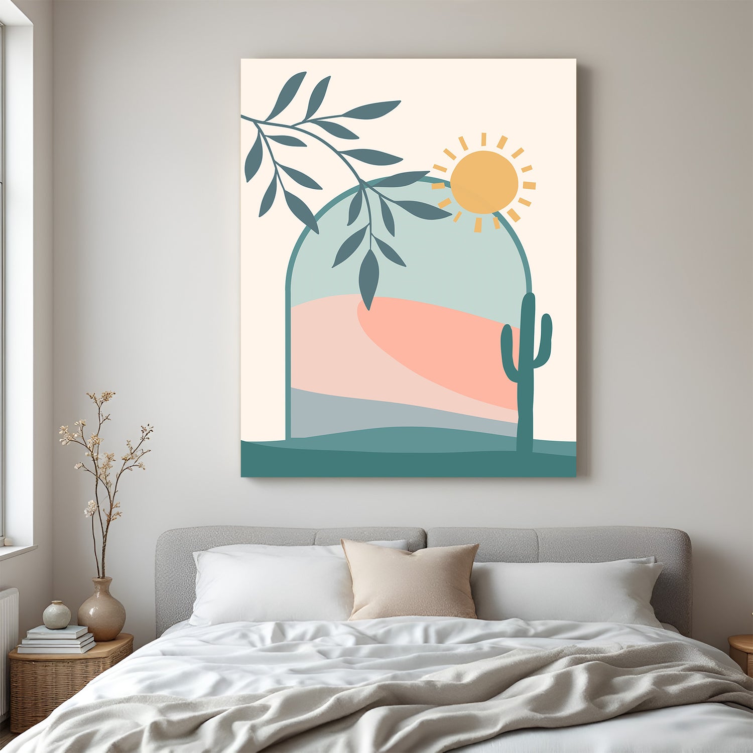 Boho canvas wall art with minimal desert shapes, cactus, and sun in soft filled pastel tones