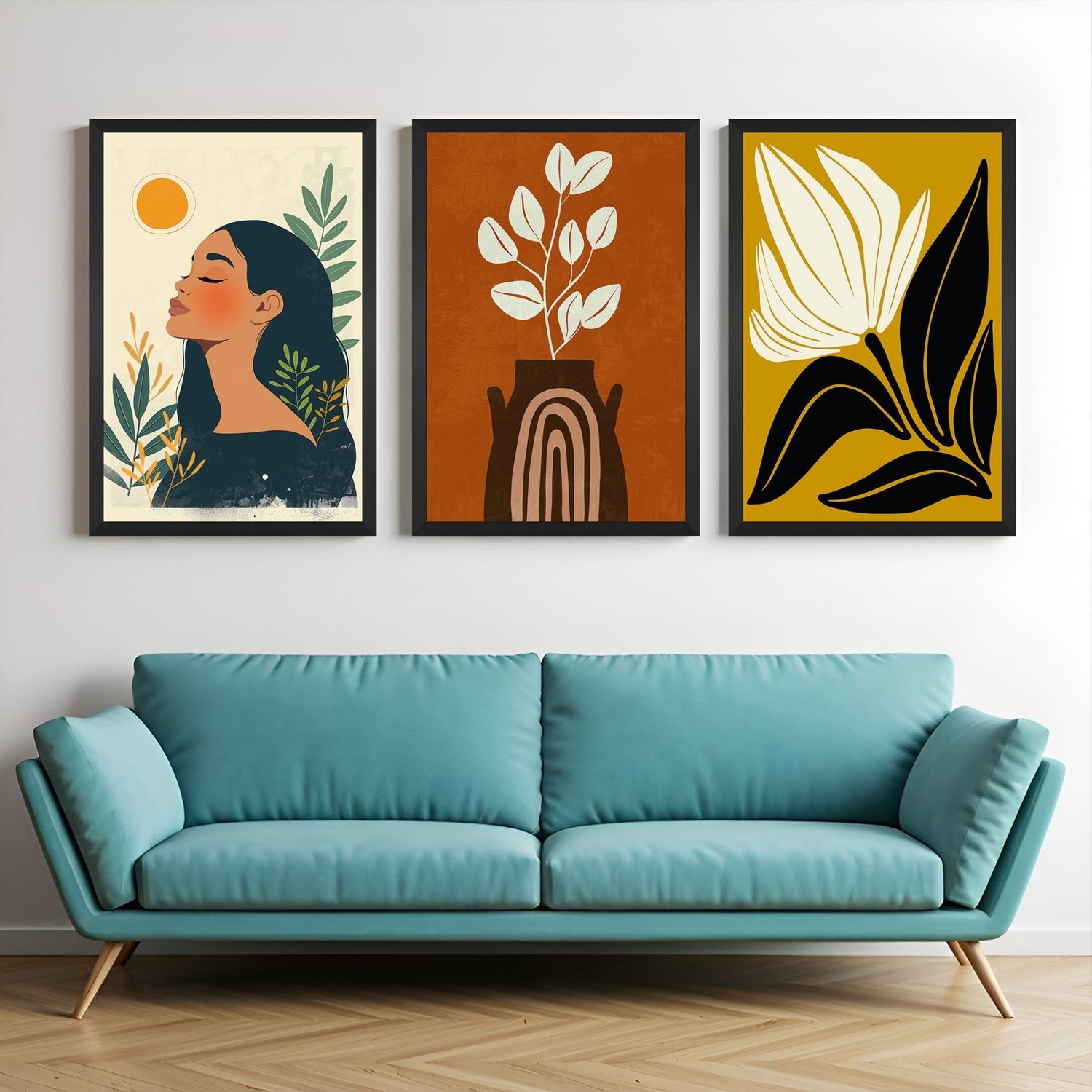 Boho wall art set of 3 with abstract female face, flower pot illustration, and single flower print – ideal for modern, botanical interiors