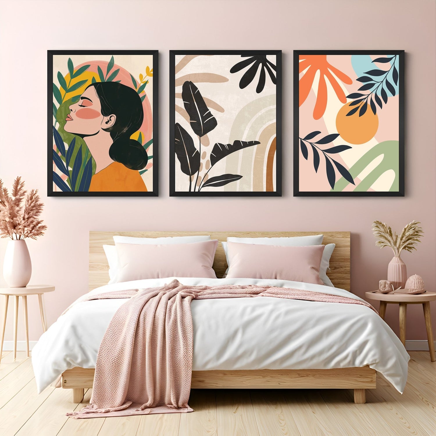 Boho wall art set of 3 with female figure, pastel abstract design, and soft-toned bohemian art – perfect for modern minimalist spaces