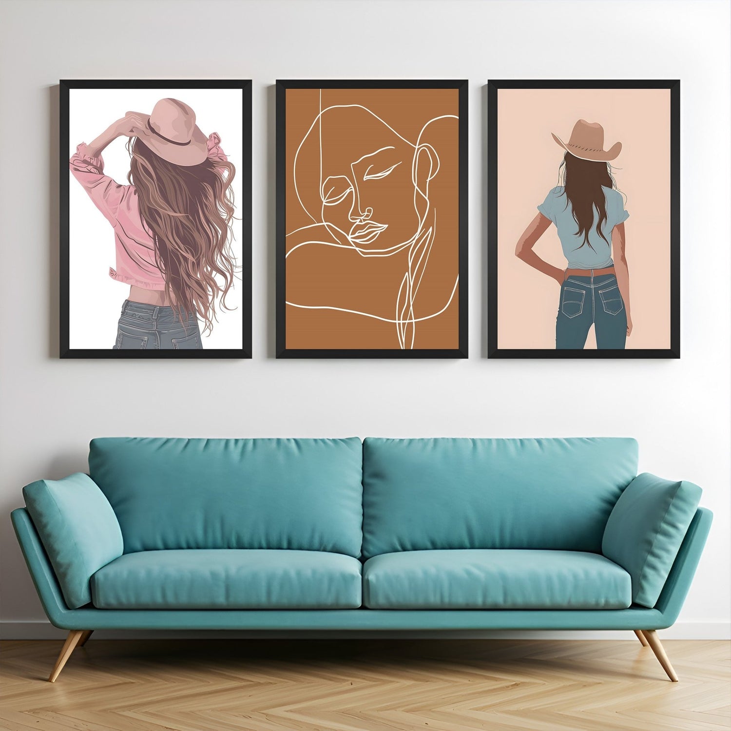 Minimalist boho wall art set of 3 with artistic female portraits – includes back view with hat, one-line face art, and cowgirl fashion illustration