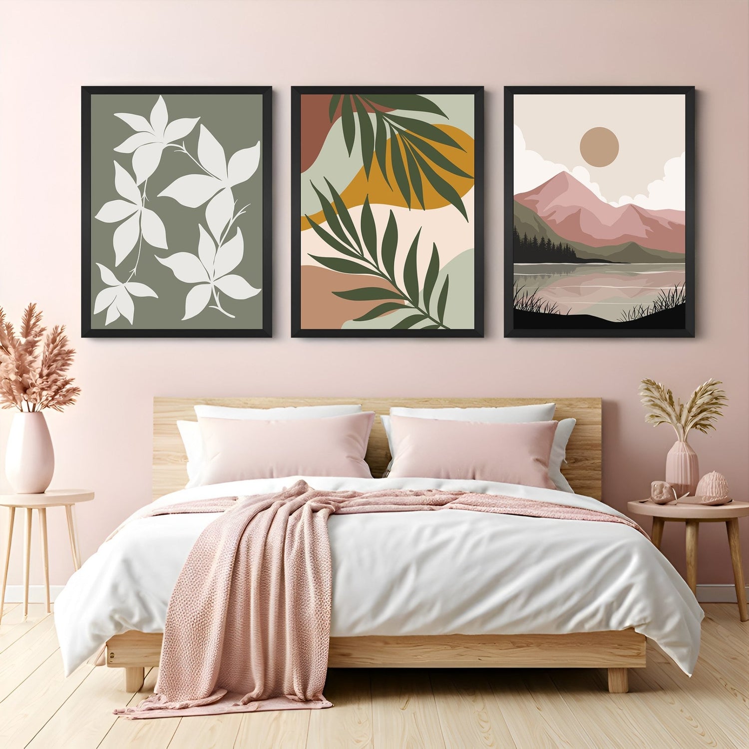 Boho wall art set of 3 with floral design, abstract bohemian art, and scenic nature print – perfect for calm, nature-loving interiors