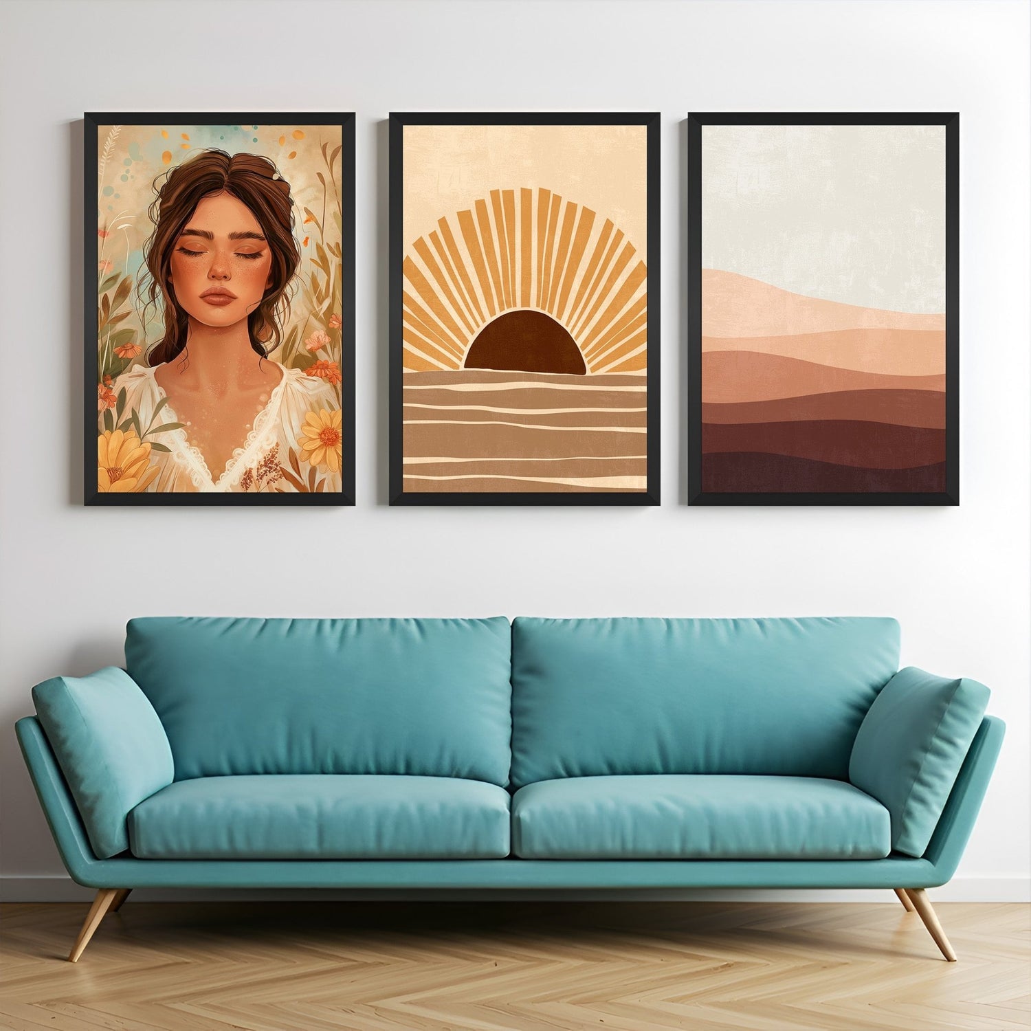 Boho wall art set of 3 featuring floral girl with closed eyes, artistic sun sketch, and minimal desert sand – perfect for earthy, calm interiors