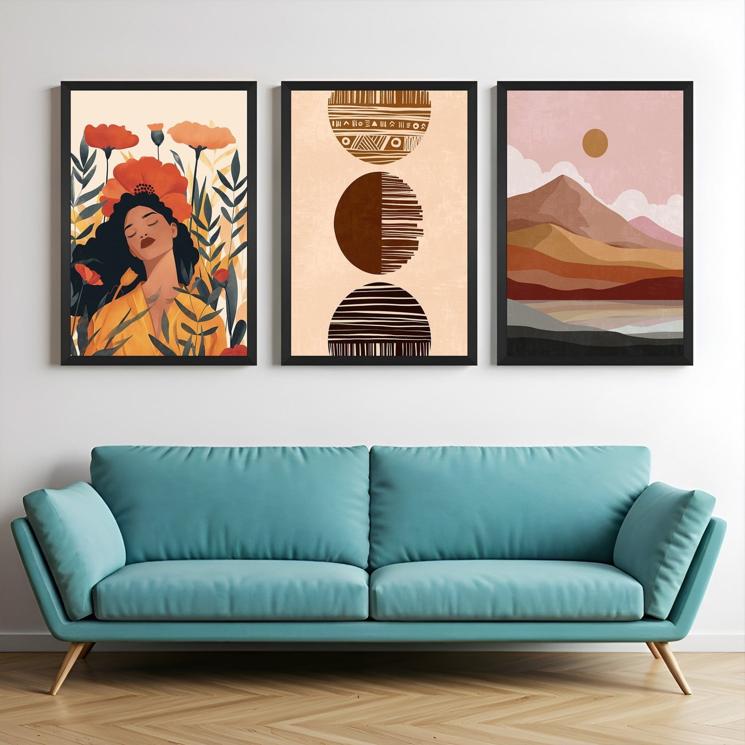 Boho canvas set of 3 with girl in floral background, minimal abstract design, and mountain with sun – perfect for peaceful modern interiors