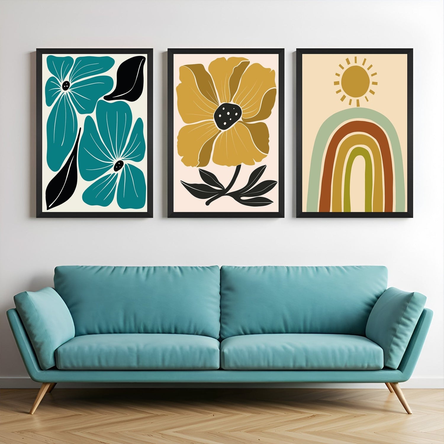 Bohemian wall art set of 3 including two unique flower artworks and a colorful rainbow with sun – light, warm, and uplifting wall decor