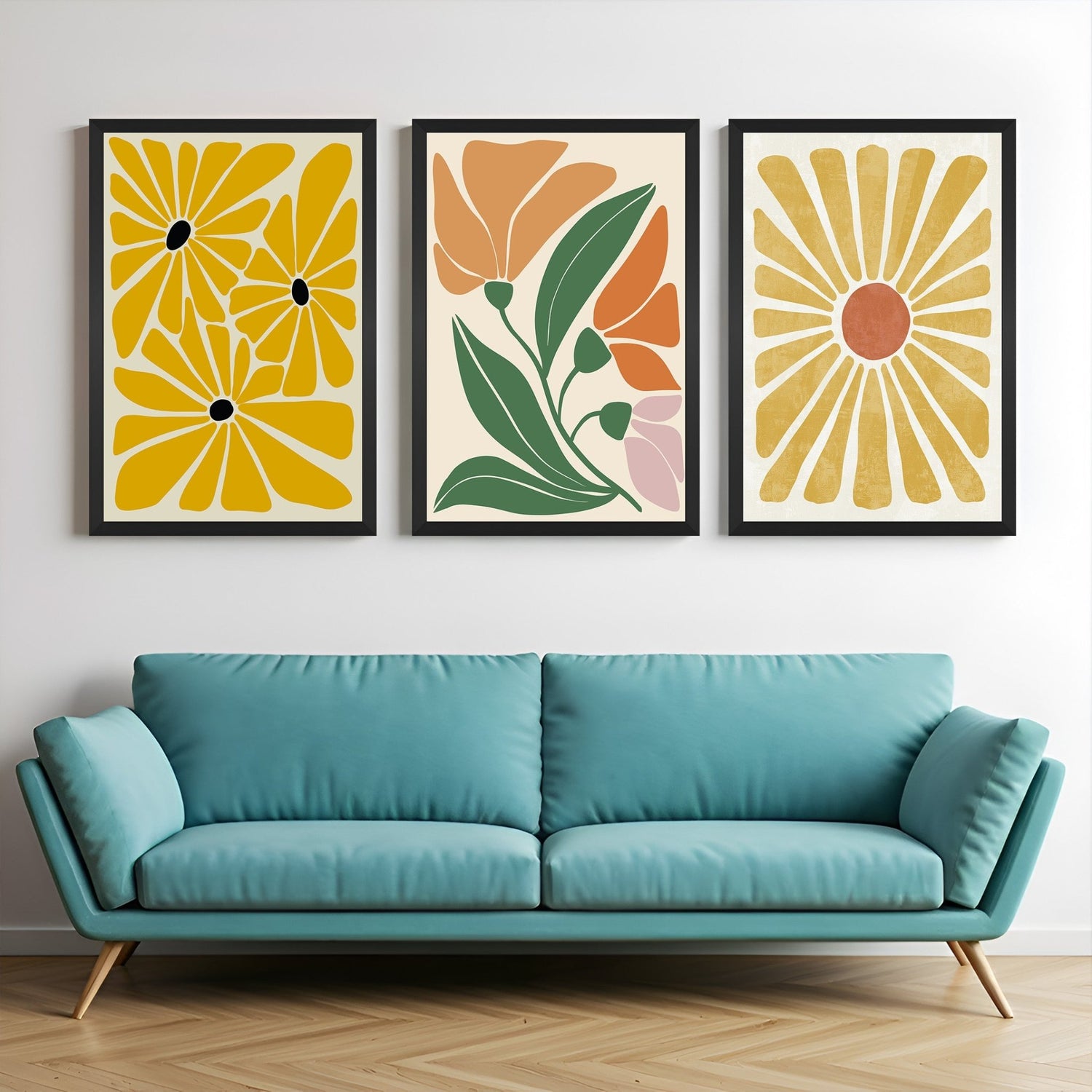 Set of 3 boho canvas prints with three-flower art, colorful floral design, and a sun illustration – perfect for warm and natural interiors