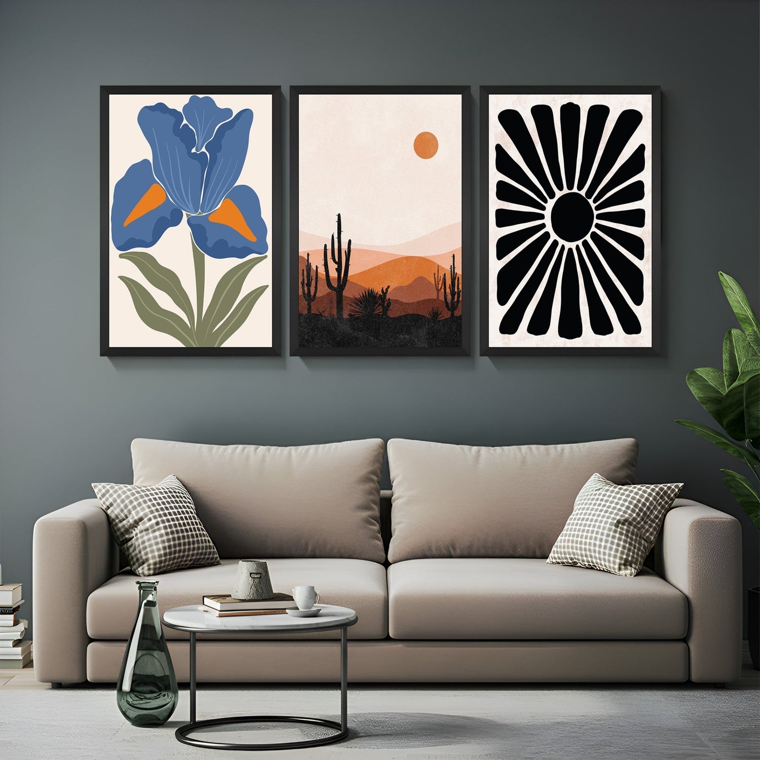 Boho wall art set of 3 featuring floral design, desert landscape, and black and white sun – perfect for earthy and modern interiors
