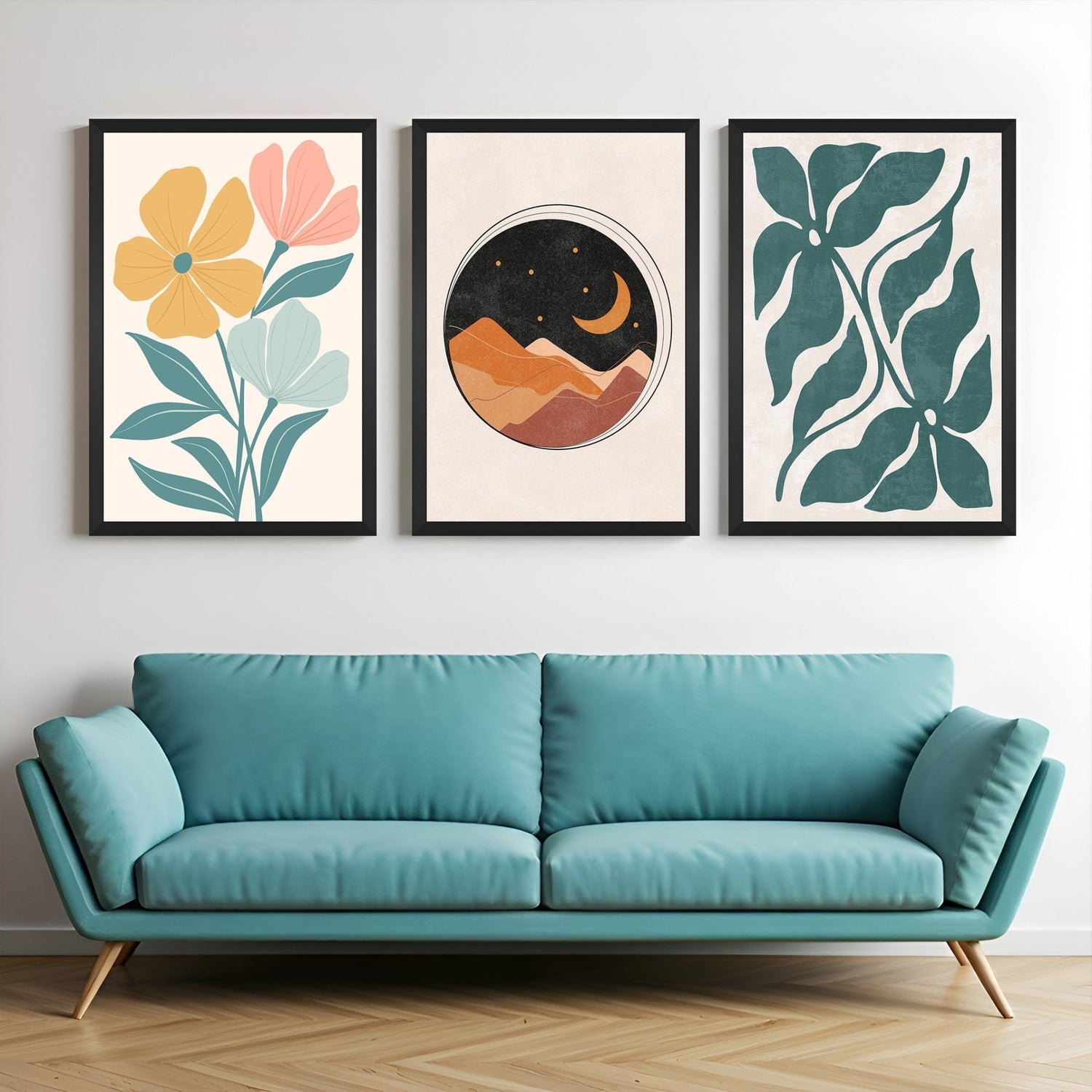 Boho canvas wall art set of 3 with flower, sand mountain night scene, and floral print – perfect for calm, earthy, and artistic interiors