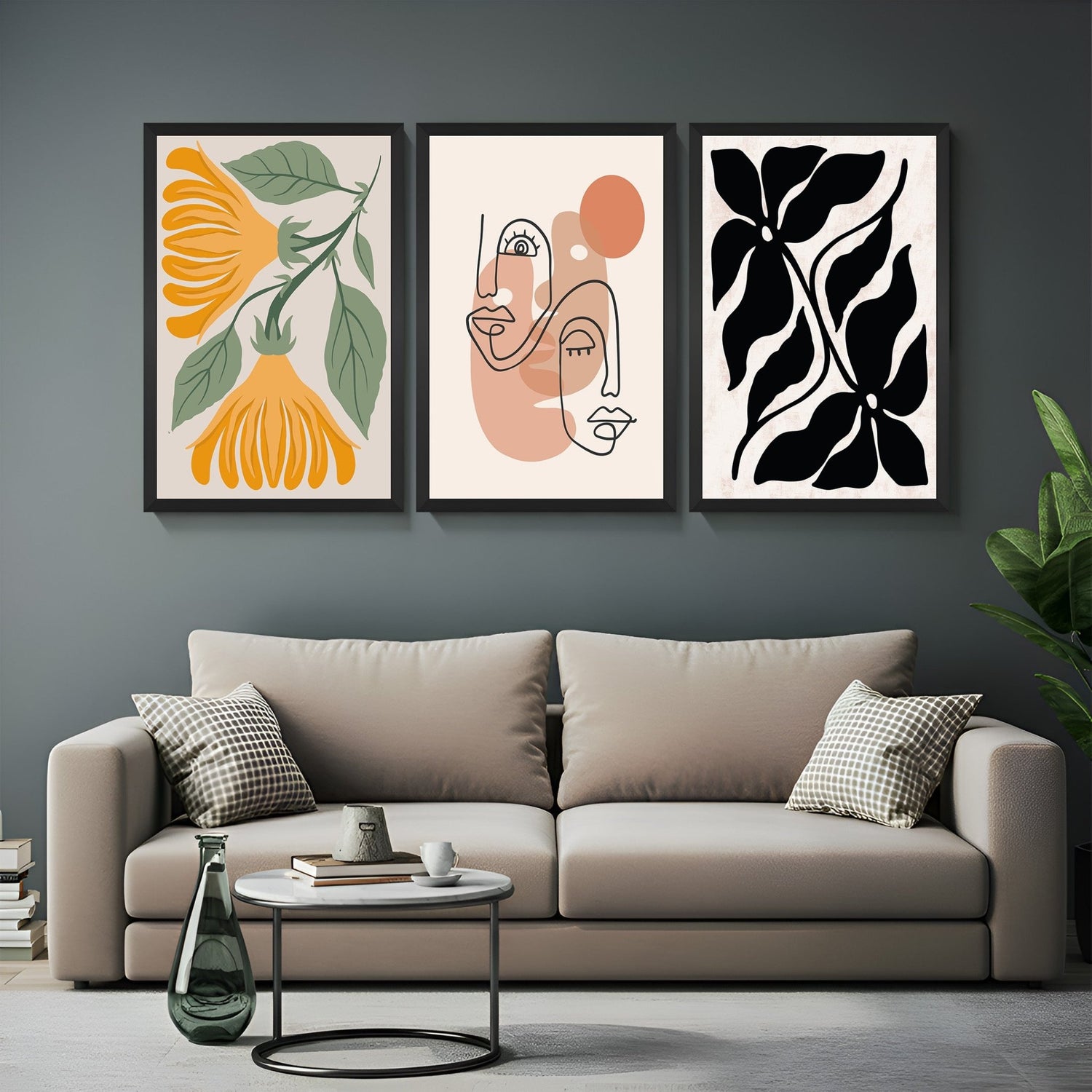 Boho wall art set of 3 with flower design, minimalistic face line art, and bold black floral print – perfect for modern artistic interiors