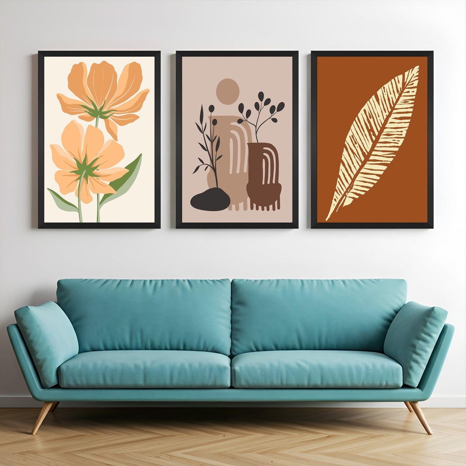 Bohemian wall art set of 3 featuring two flower prints and one leafy artwork in earthy tones – perfect for calm, nature-inspired interiors