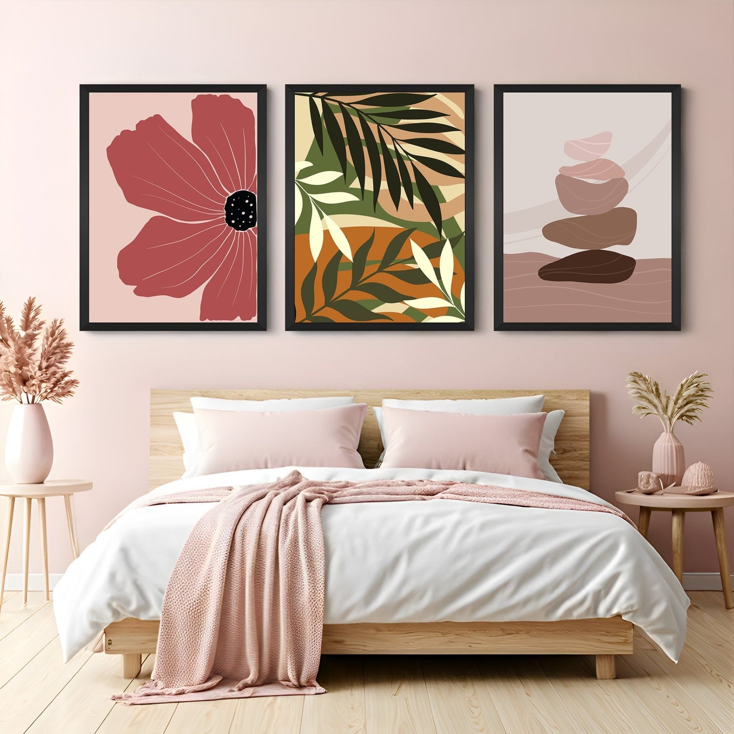 Boho wall art set of 3 with a flower artwork, botanical floral pattern, and rocks on rocks abstract – perfect for earthy, minimal decor