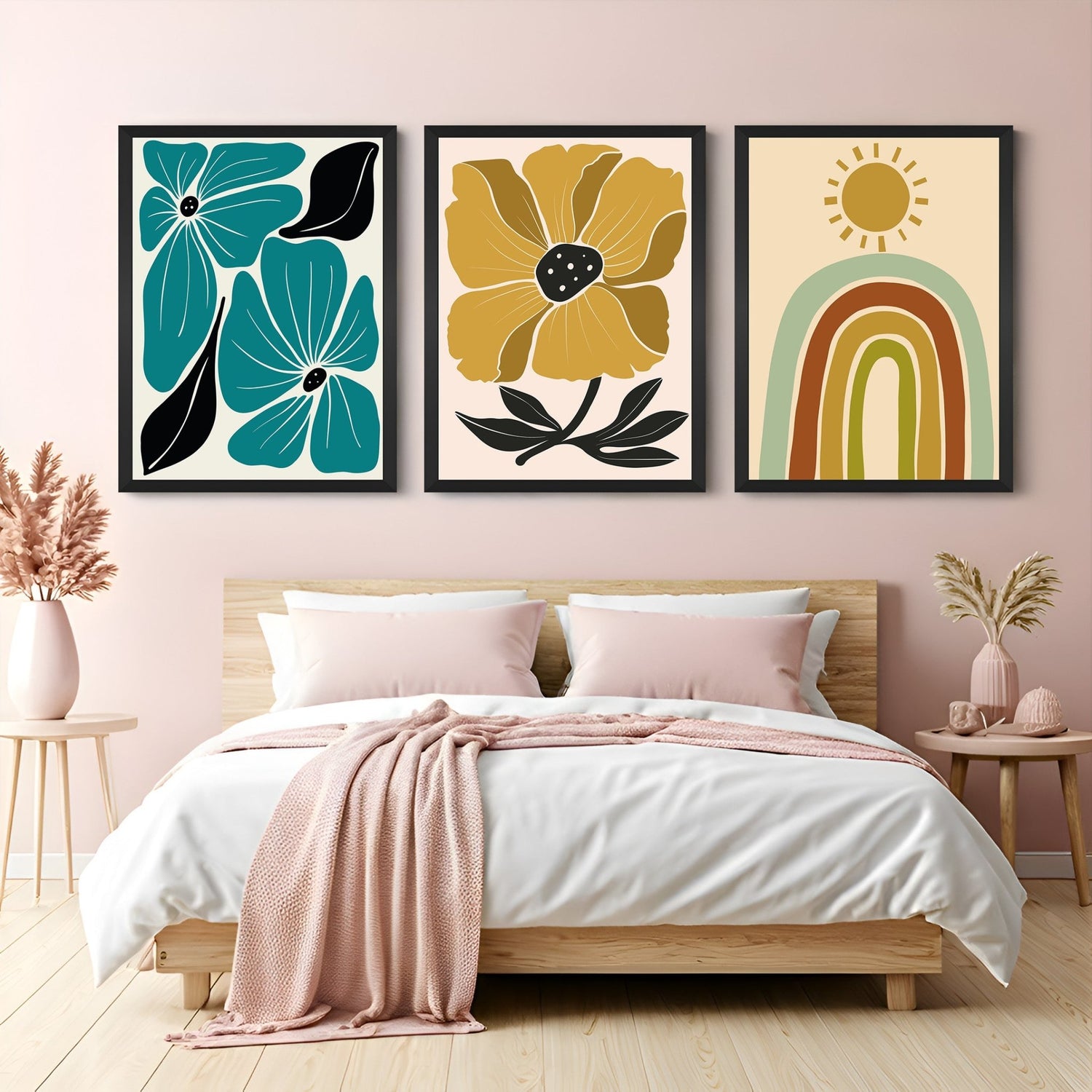 Boho canvas wall art set of 3 featuring two different floral designs and a rainbow with sun – perfect for cheerful and calm modern interiors