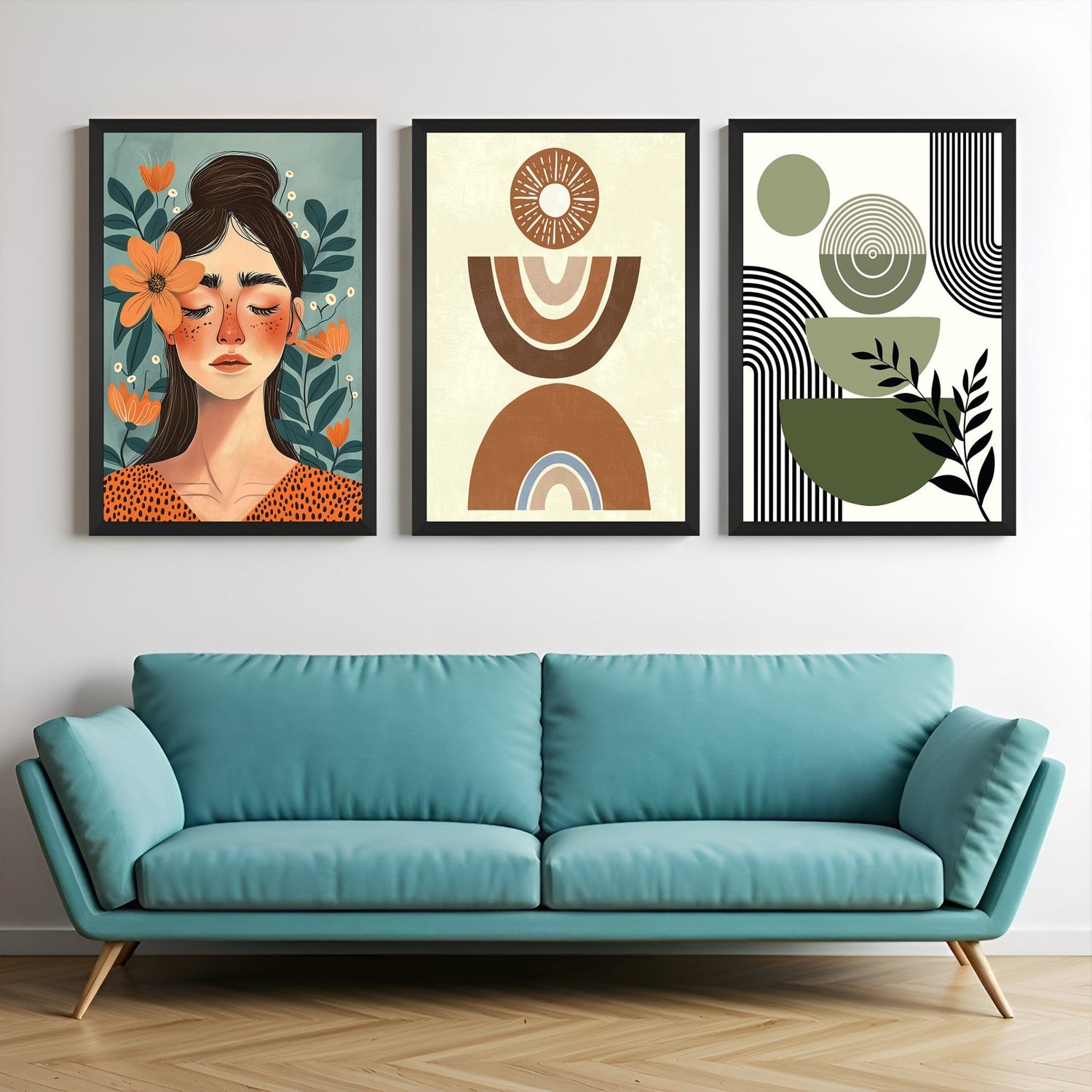 Boho wall art set of 3 featuring girl with closed eyes, abstract minimalist shapes, and green stone-like design – ideal for modern earthy interiors