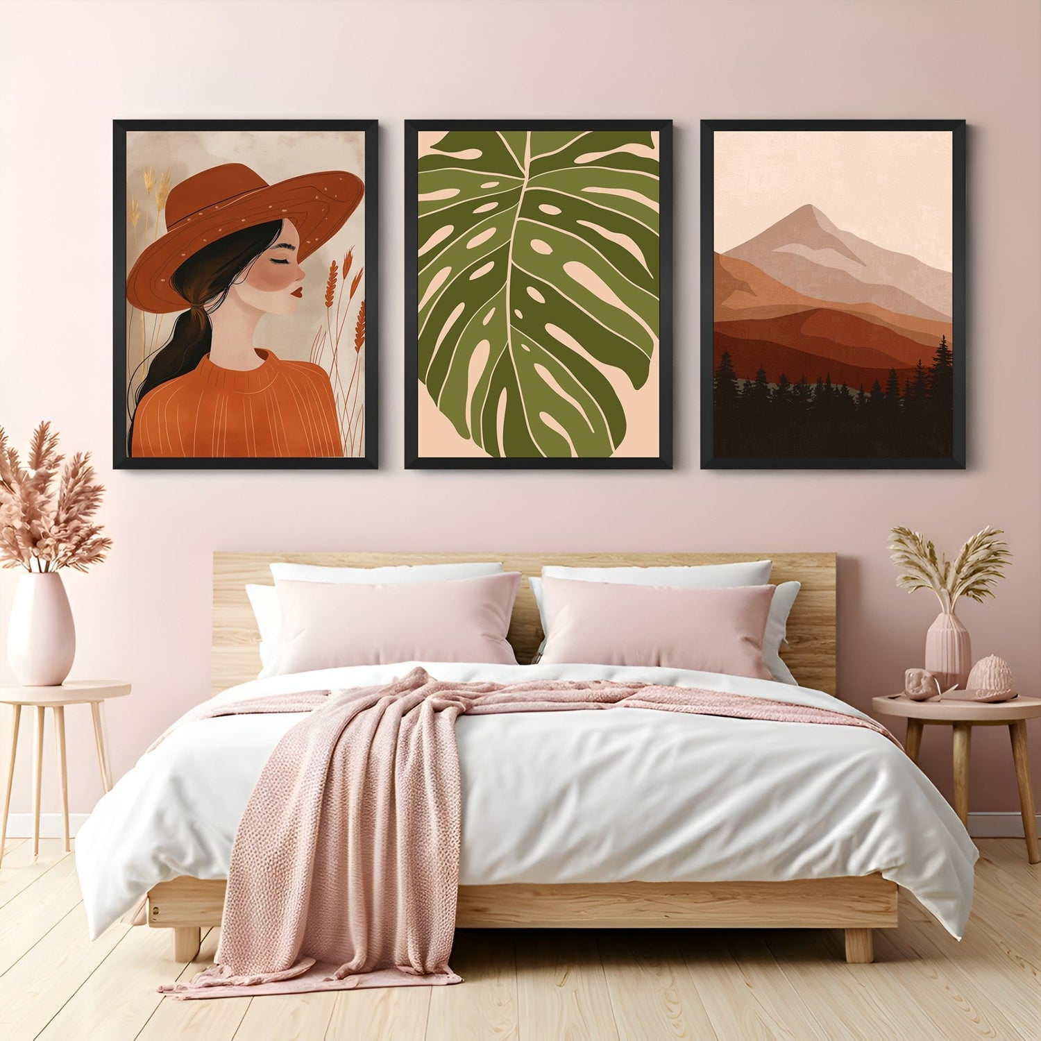 Boho wall art set of 3 with girl wearing a hat (side view), green leaf print, and minimal earthy-toned mountain canvas – ideal for peaceful interiors