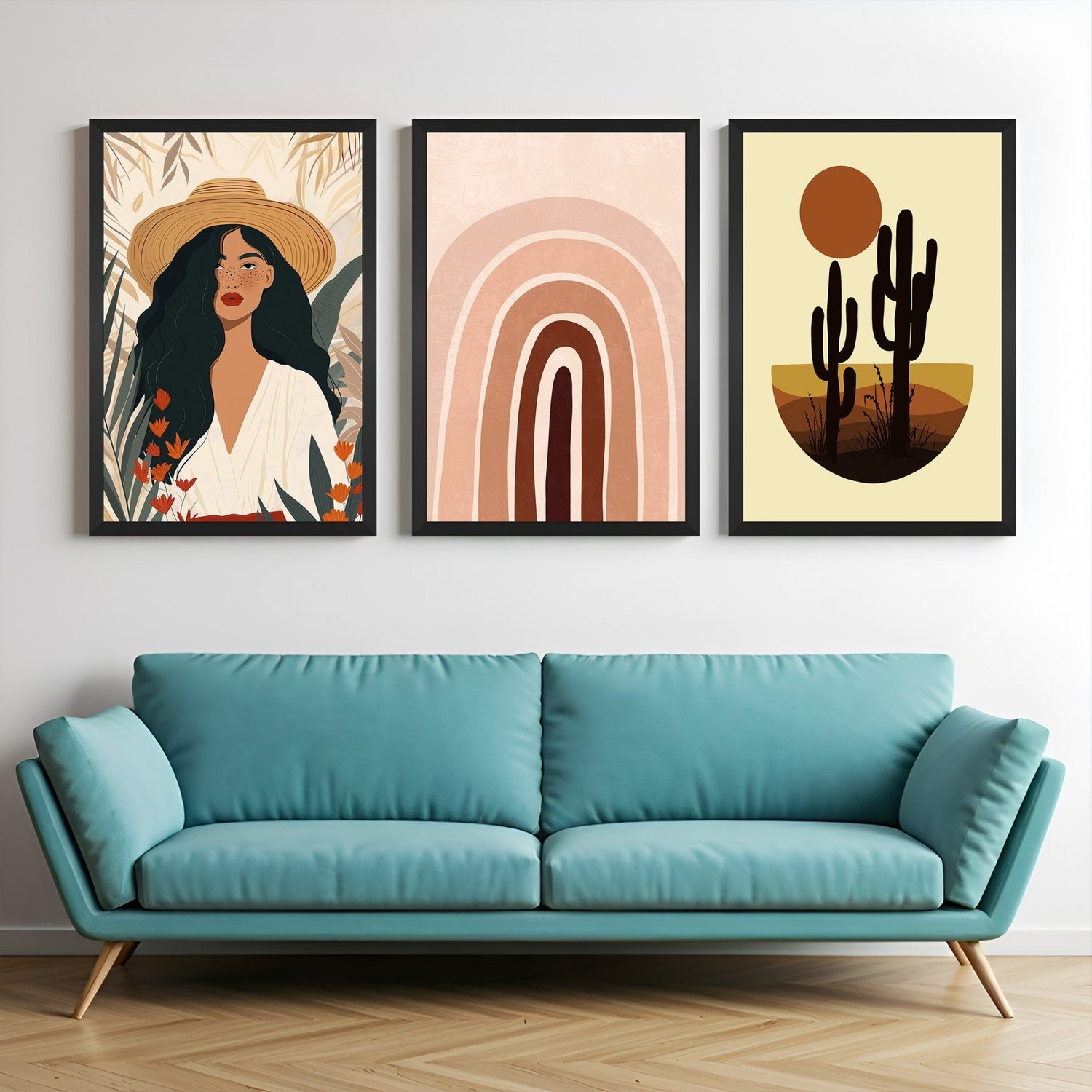 Boho wall art set of 3 with floral girl in hat, pastel rainbow in kids drawing style, and calm desert view – ideal for creative, earthy interiors
