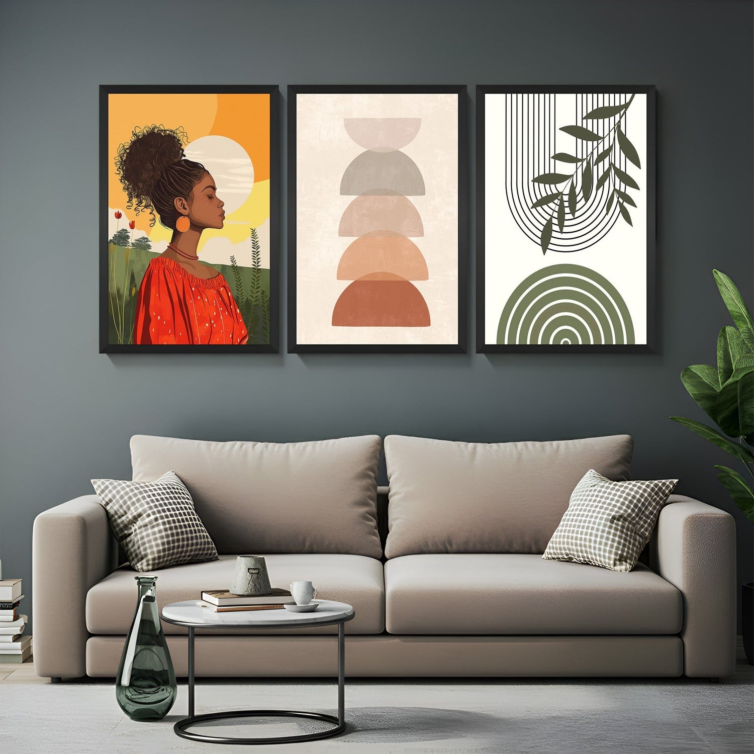Boho wall art set of 3 with a girl illustration, pastel abstract shapes, and minimalist leaf line art – perfect for modern earthy interiors