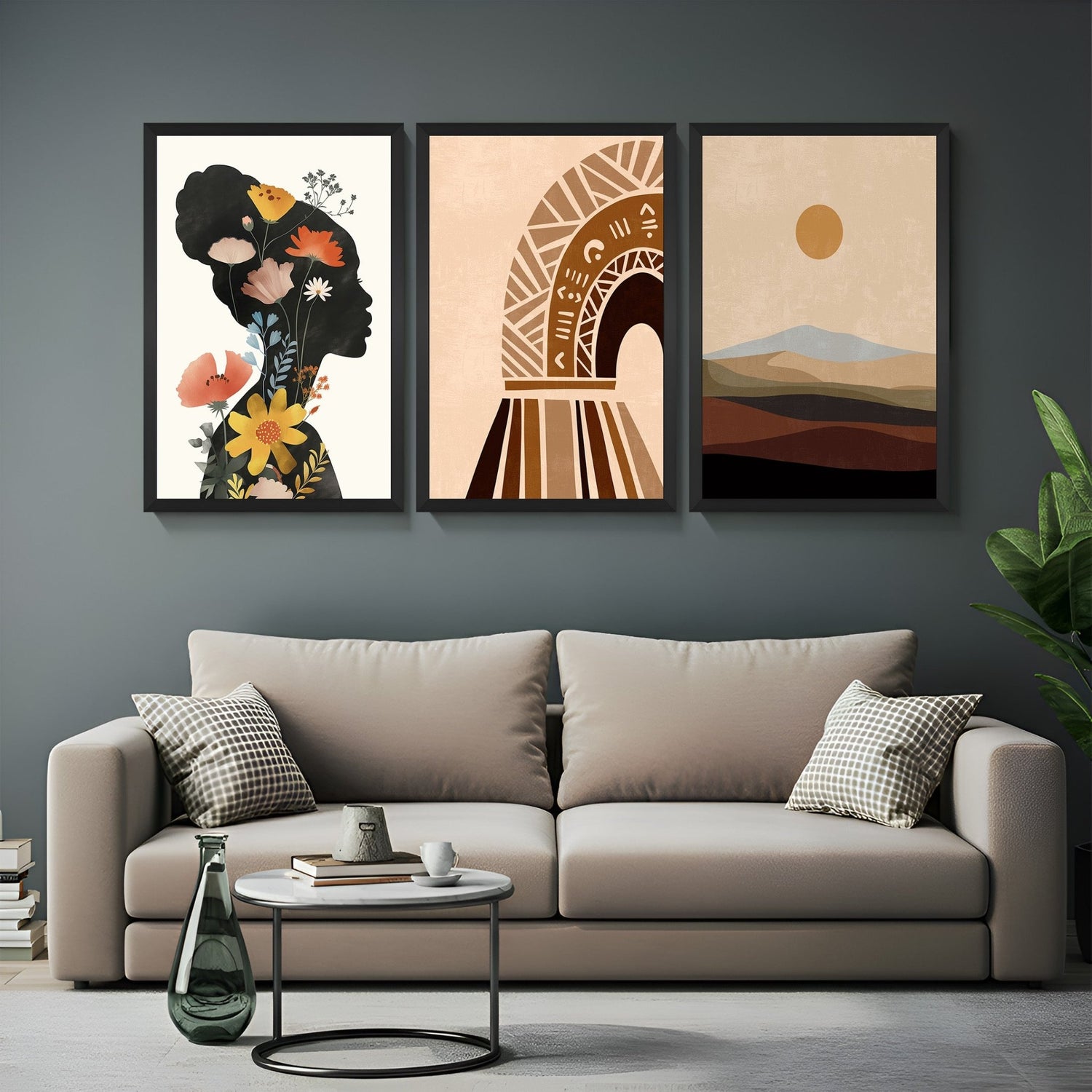 Boho wall art set of 3 featuring a girl's shadow with floral overlay, earthy designer abstract, and peaceful desert view – ideal for calm interiors