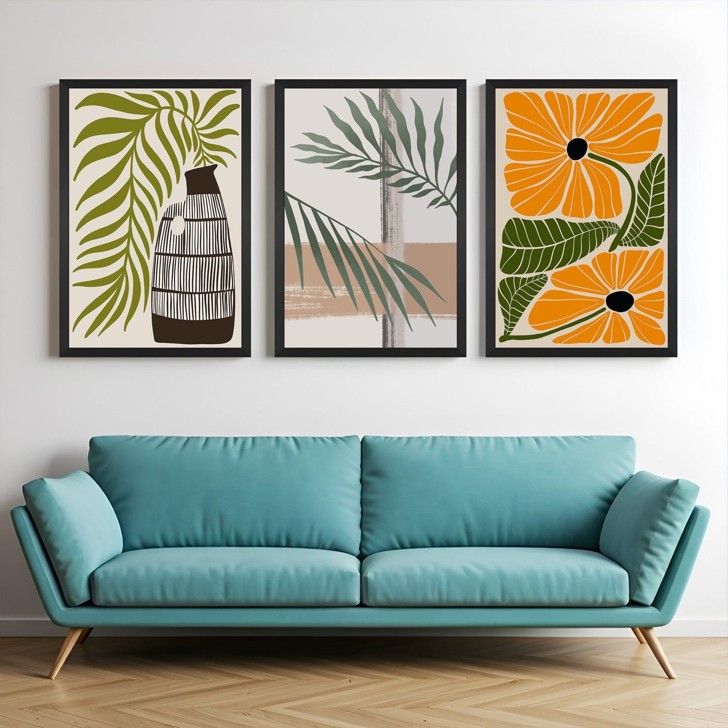 Boho wall art set of 3 with Japanese-style flower pot, leafy branch over abstract background, and orange flowers – ideal for earthy decor