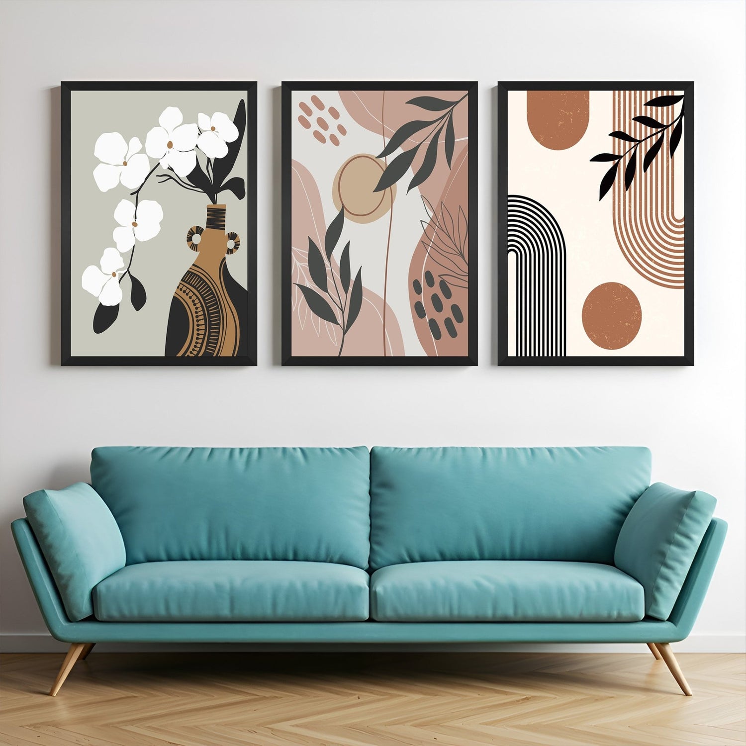 Boho wall art set of 3 featuring Japanese flower pot with white flower, minimal abstract canvas, and modern Gen Z-style art – perfect for trendy interiors
