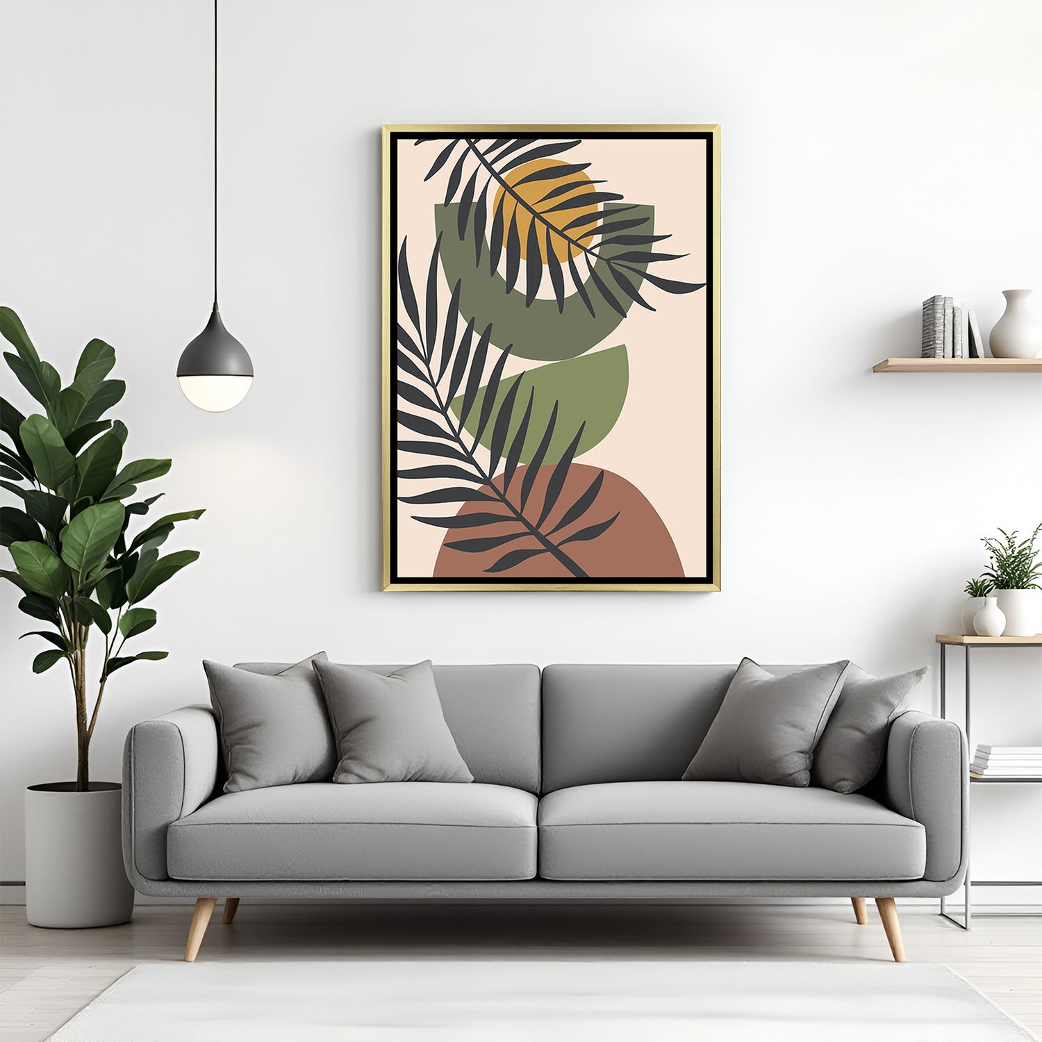 Golden frame canvas featuring calming earthy forms and botanical line drawing for boho decor