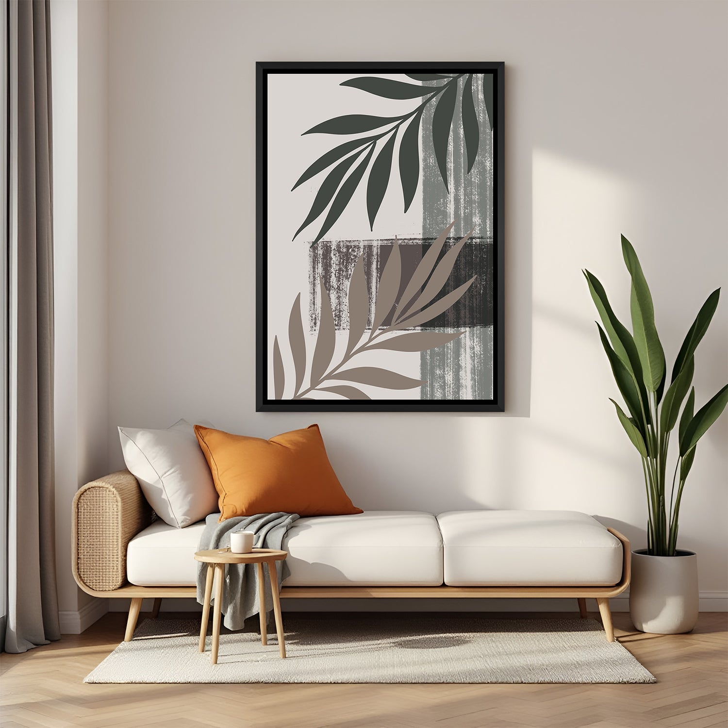 Black frame wall art with minimal leaf stems and warm earthy color tone in soft abstract style
