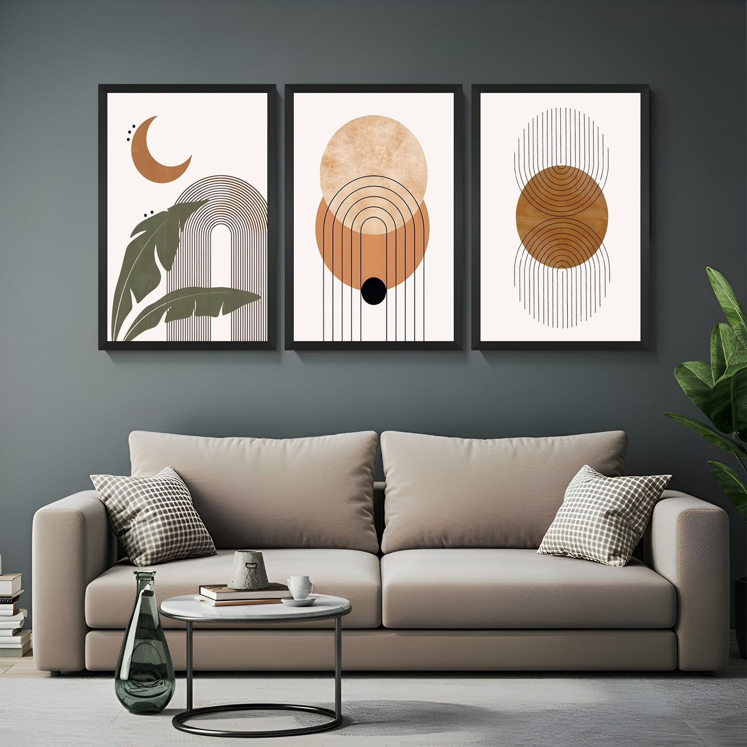 Bohemian line art canvas set of 3 featuring minimal face sketches and curves in earthy colors – ideal for stylish, peaceful home spaces
