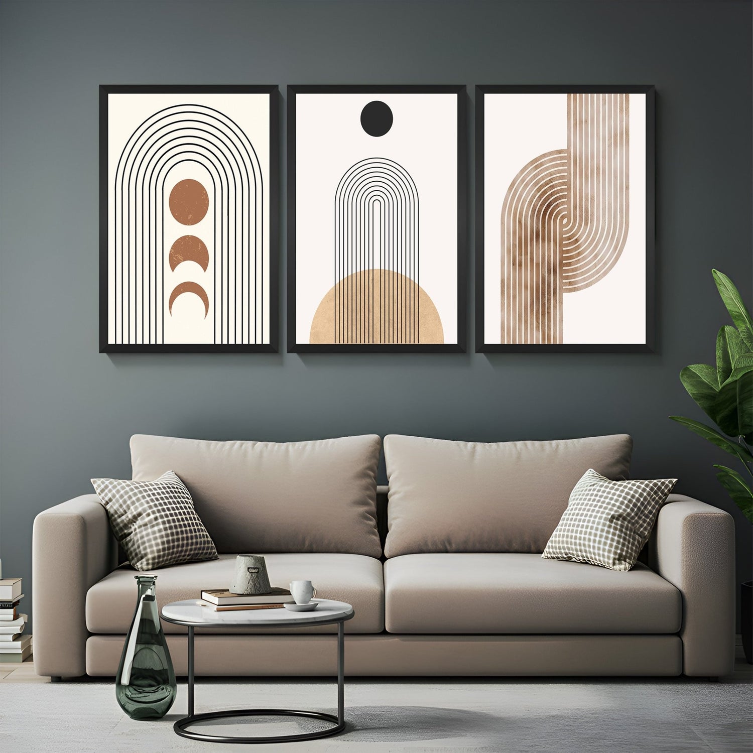 Set of 3 bohemian wall art prints with brown-toned line art illustrations – ideal for modern earthy interior decor