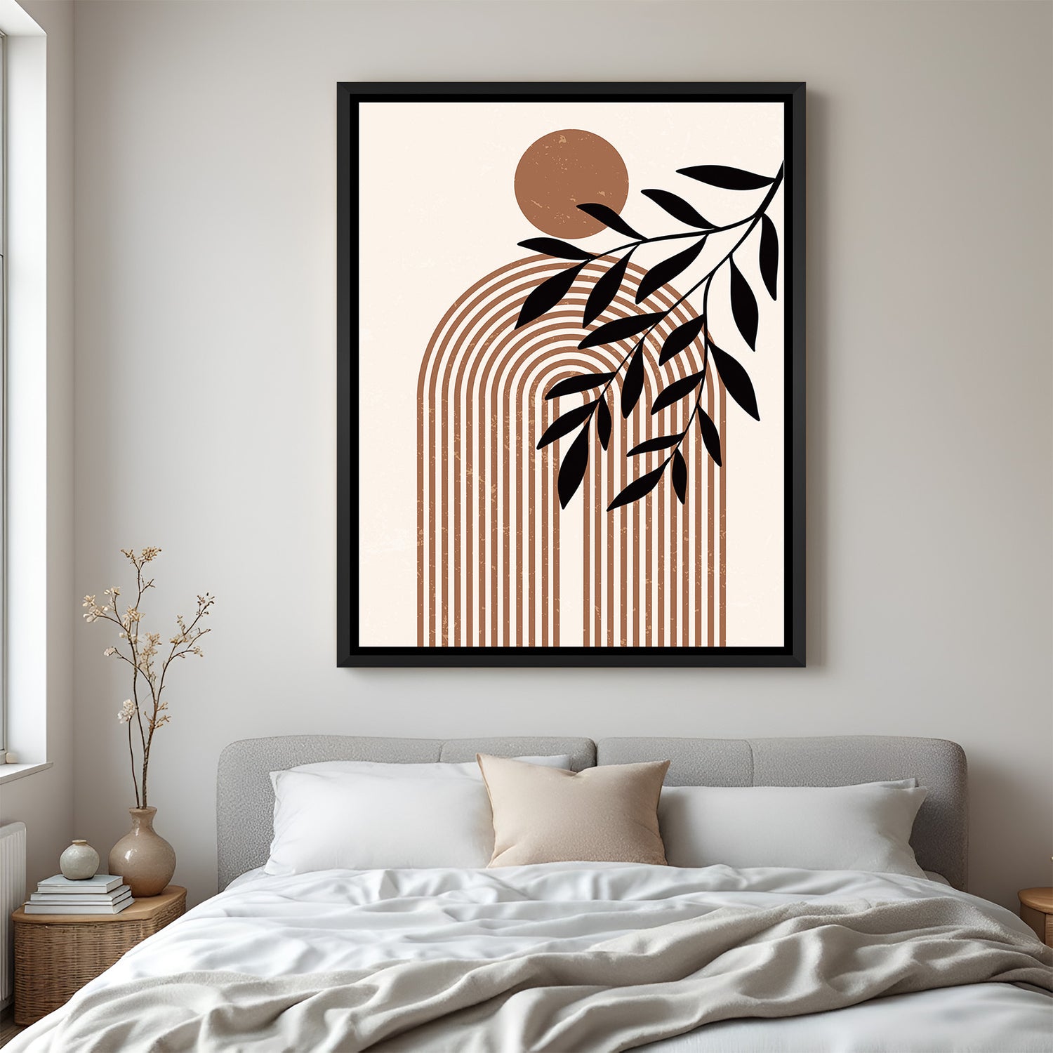 Bohemian abstract canvas in black floater frame with minimal line and curve artwork