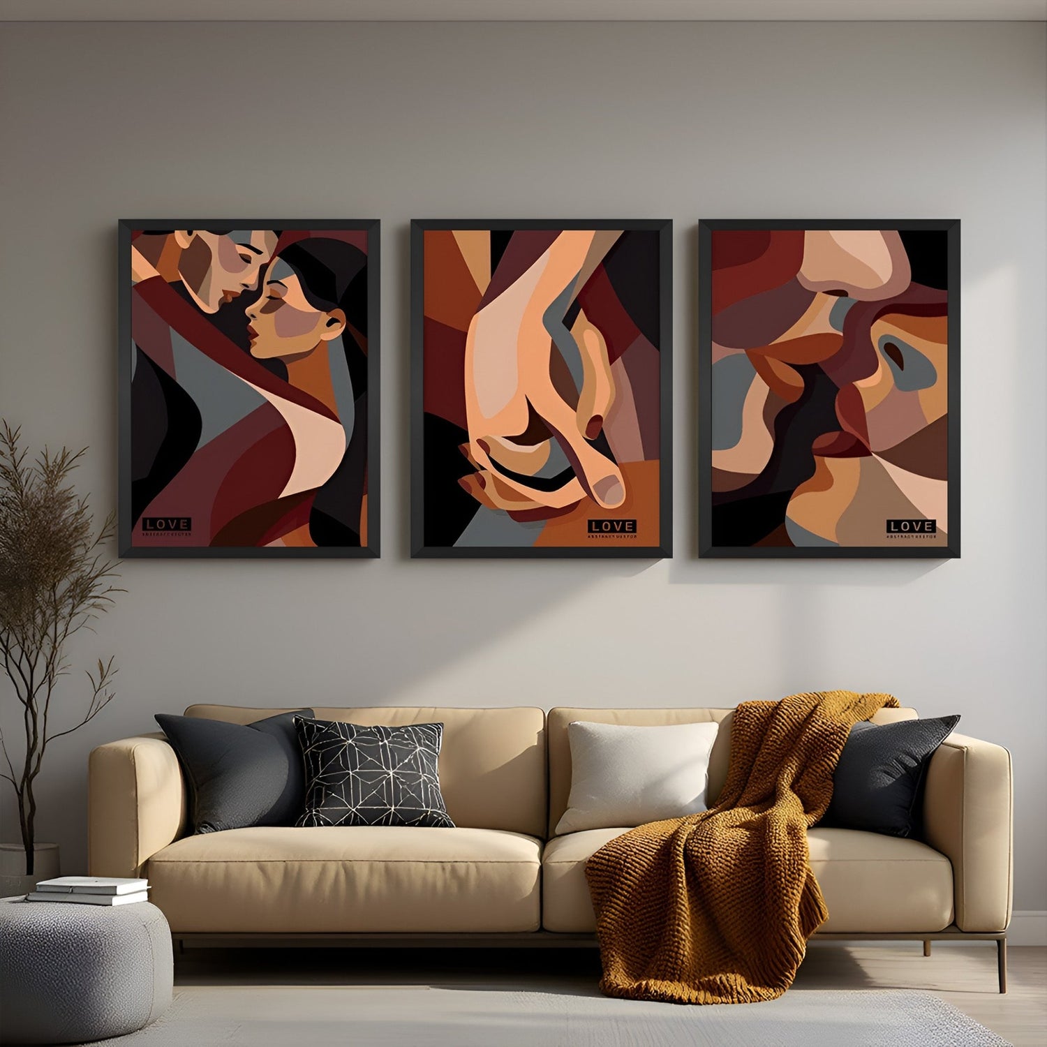 Boho wall art trio showcasing romantic couples in earthy tones and line art – perfect canvas decor for cozy, artistic spaces