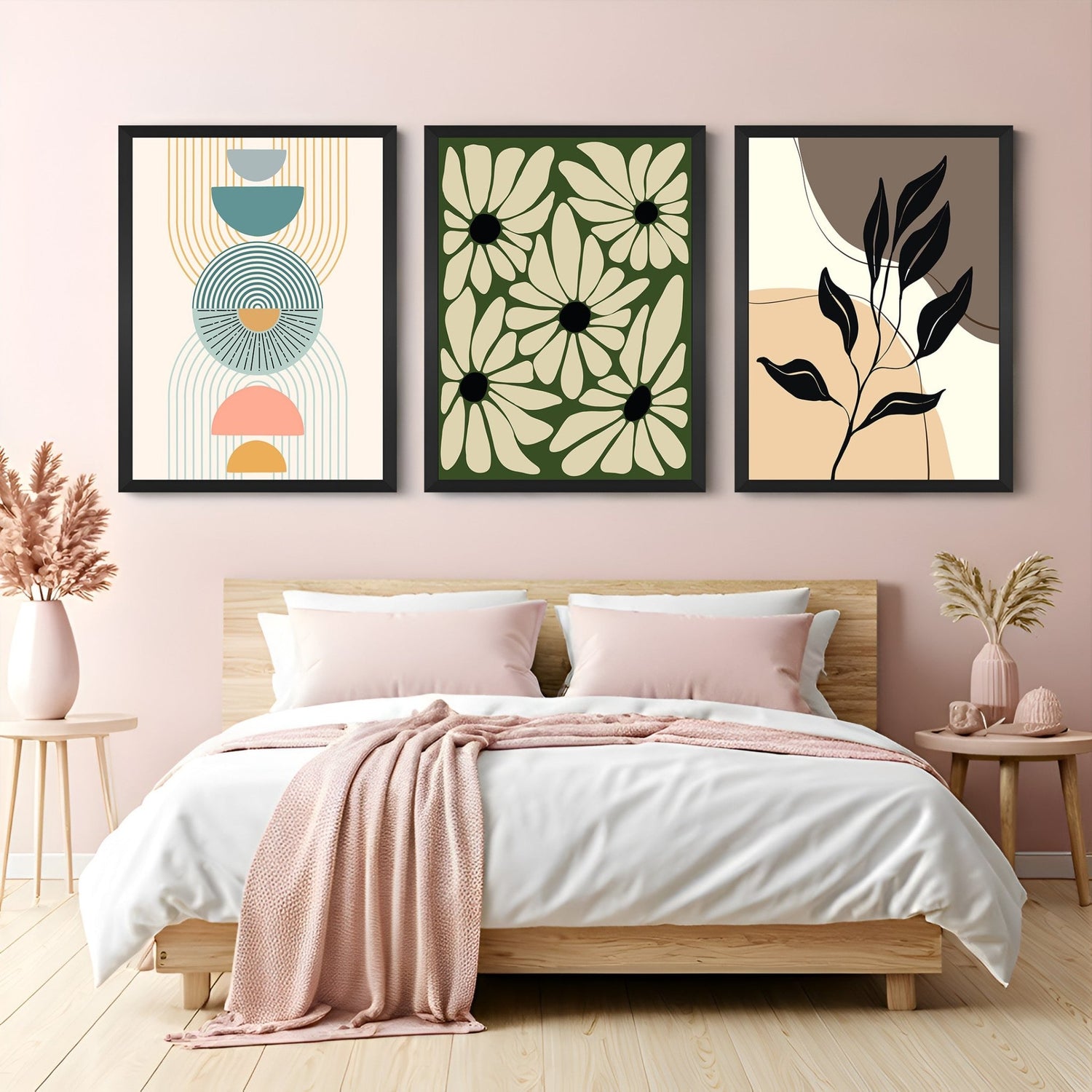 Set of 3 boho canvas prints with minimal design, floral artwork, and curvy shapes with leaves – perfect for nature-inspired, modern spaces