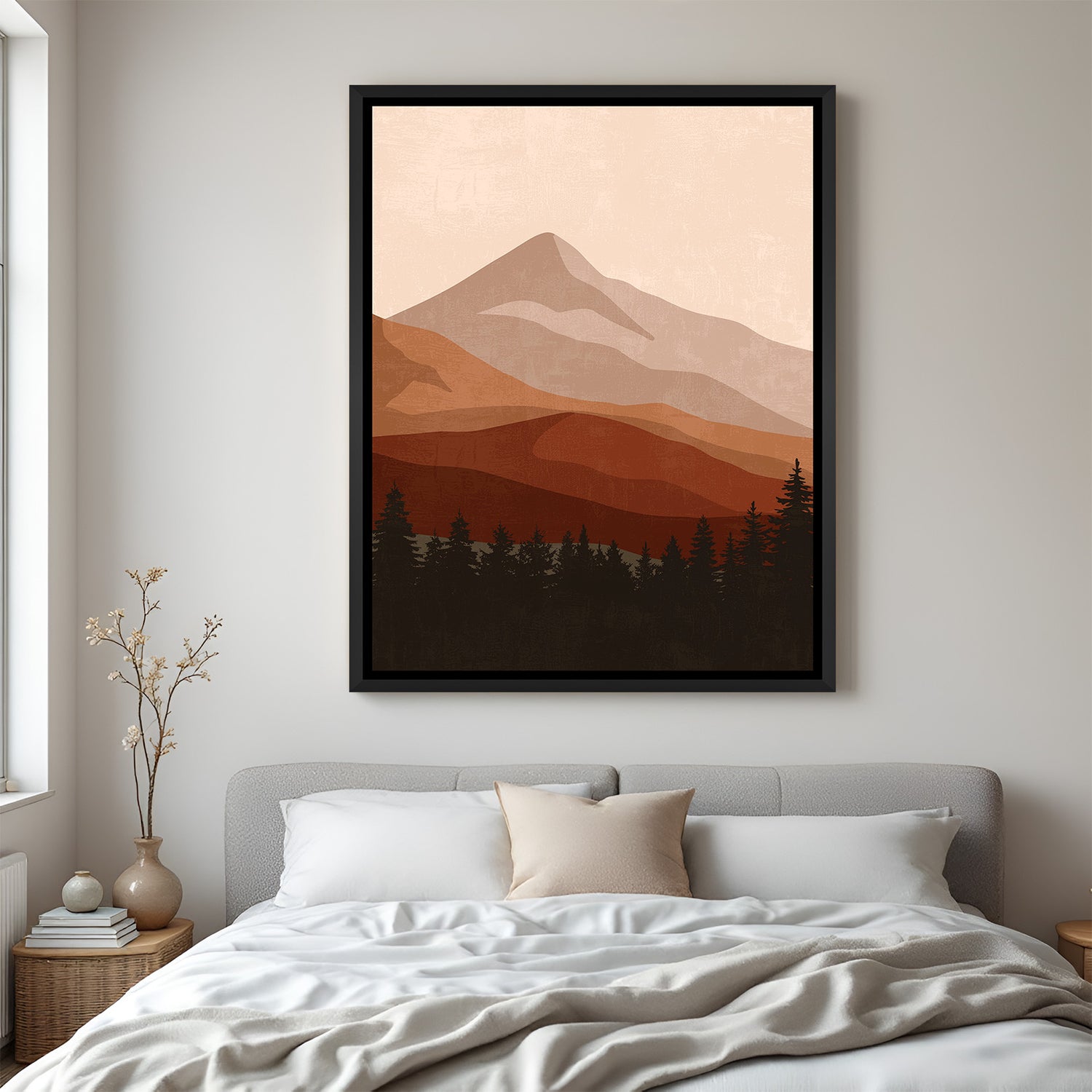 Black frame boho artwork with earthy painted mountain range and trees in minimal style