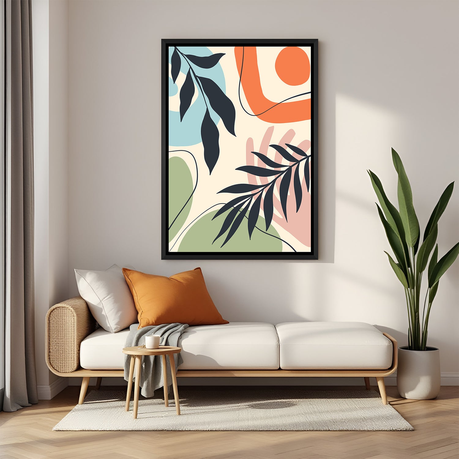 Bohemian abstract canvas with pastel random shapes and minimal earthy detail in black frame