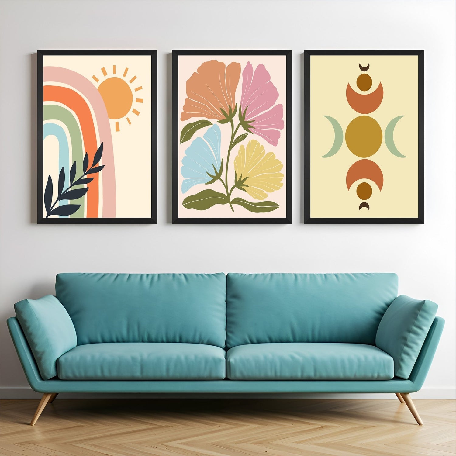 Boho wall art set of 3 featuring pastel rainbow, floral leaf, multicolor flowers, and cosmic abstract design – perfect for mystical modern interiors
