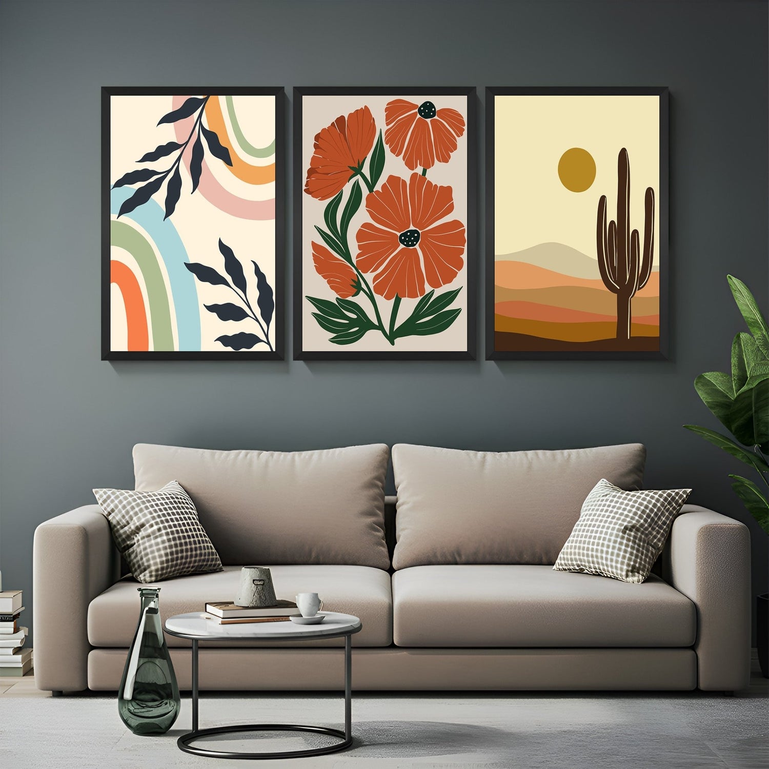 Boho wall art set of 3 featuring a pastel rainbow with leaves, abstract flowers, and desert cactus with sun – perfect for warm modern interiors