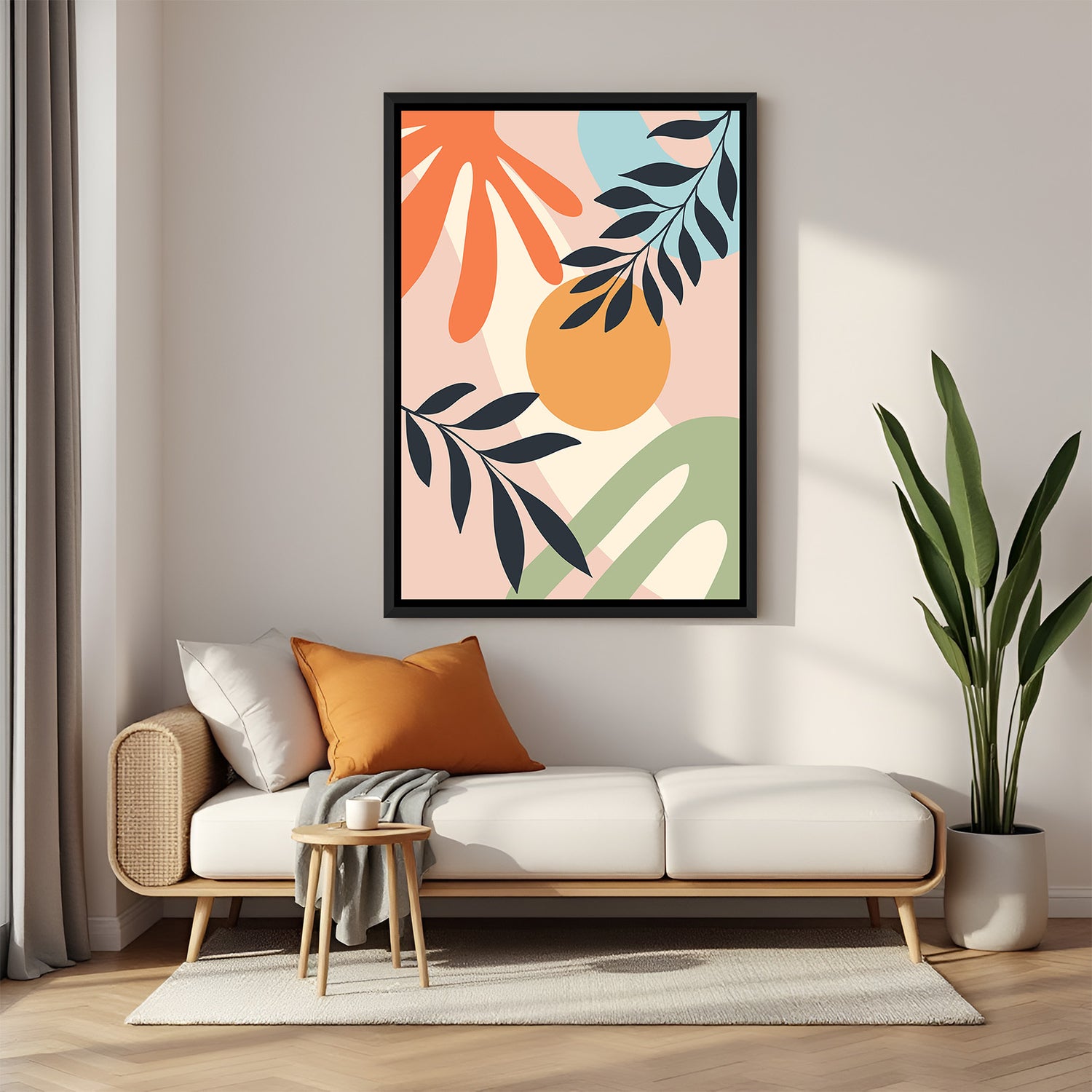 Black frame canvas print with pasted colors, random forms, and light botanical contrast