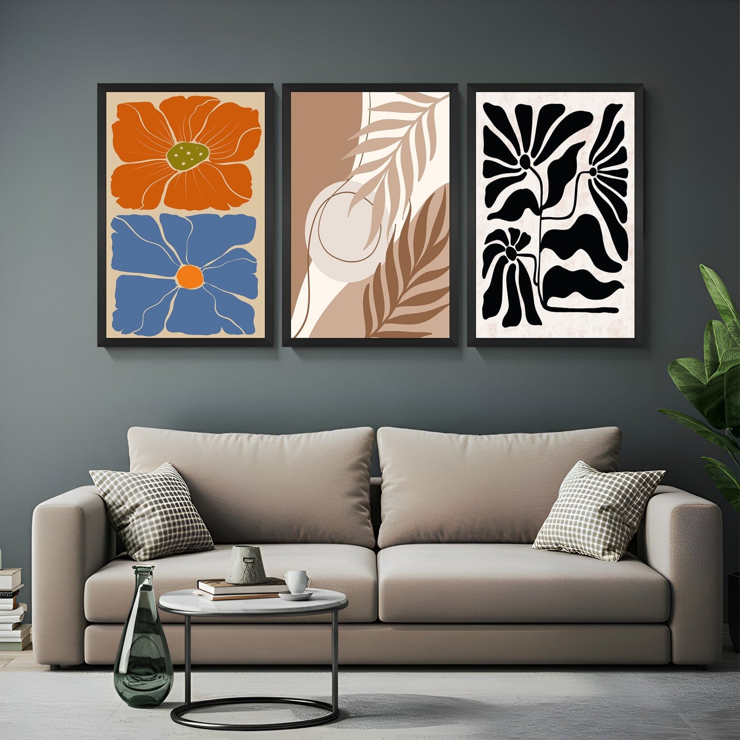 Boho wall art set of 3 with red and blue flowers, earthy brown abstract, and black and white floral print – perfect for bold and minimal interiors