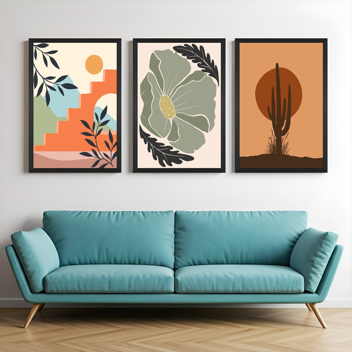 Set of 3 bohemian wall art prints featuring one-tone sun and stairs, abstract flower with leaves, and desert cactus at sunset – perfect for modern earthy decor