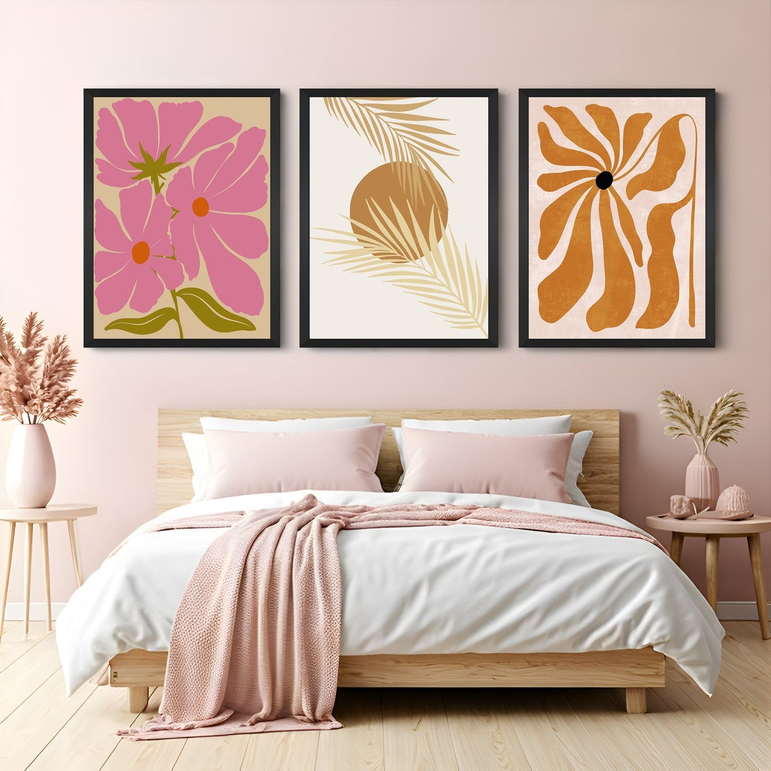 Boho wall art set of 3 featuring three pink flowers, minimalist abstract art, and a floral print – perfect for soft, calm interiors
