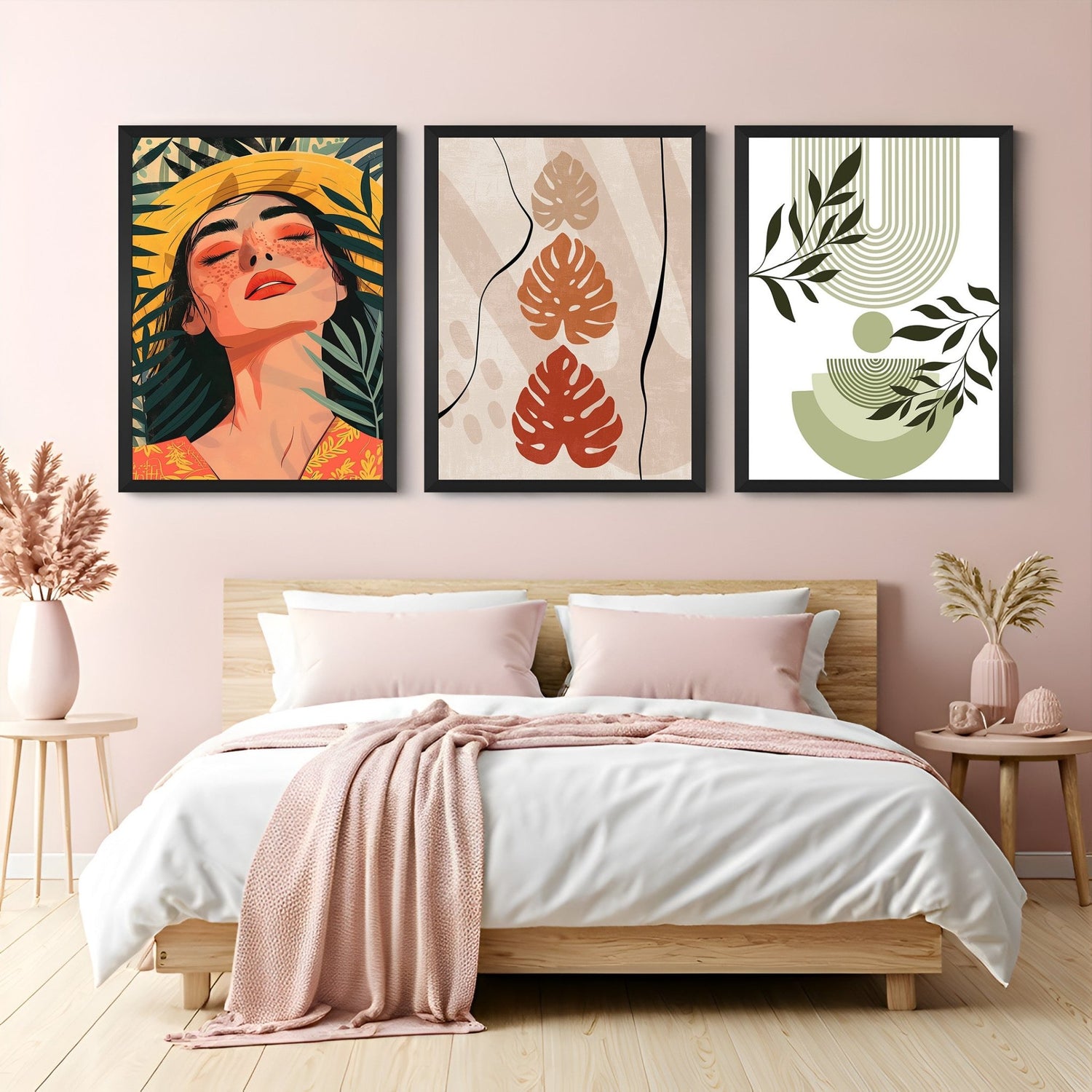 Set of 3 canvas prints featuring bohemian girl, organic earthy abstract, and green minimalist art – ideal for stylish, natural interiors
